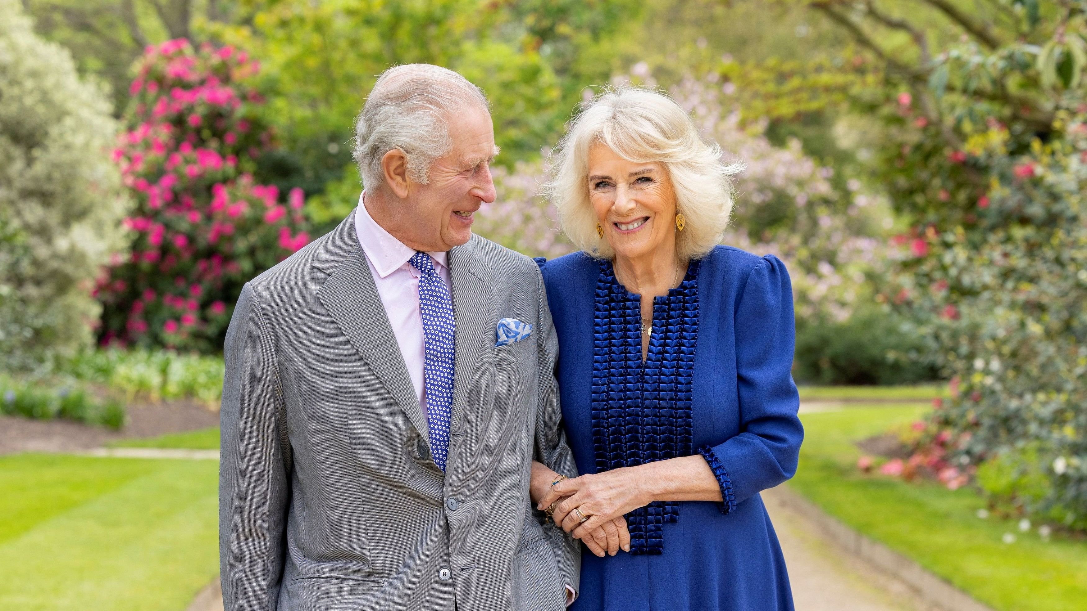 <div class="paragraphs"><p>Britain's King Charles and Queen Camilla appear in Buckingham Palace Gardens the day after their 19th wedding anniversary, in London, Britain, April 10, 2024, in this handout picture released by Buckingham Palace on April 26, 2024.  </p></div>