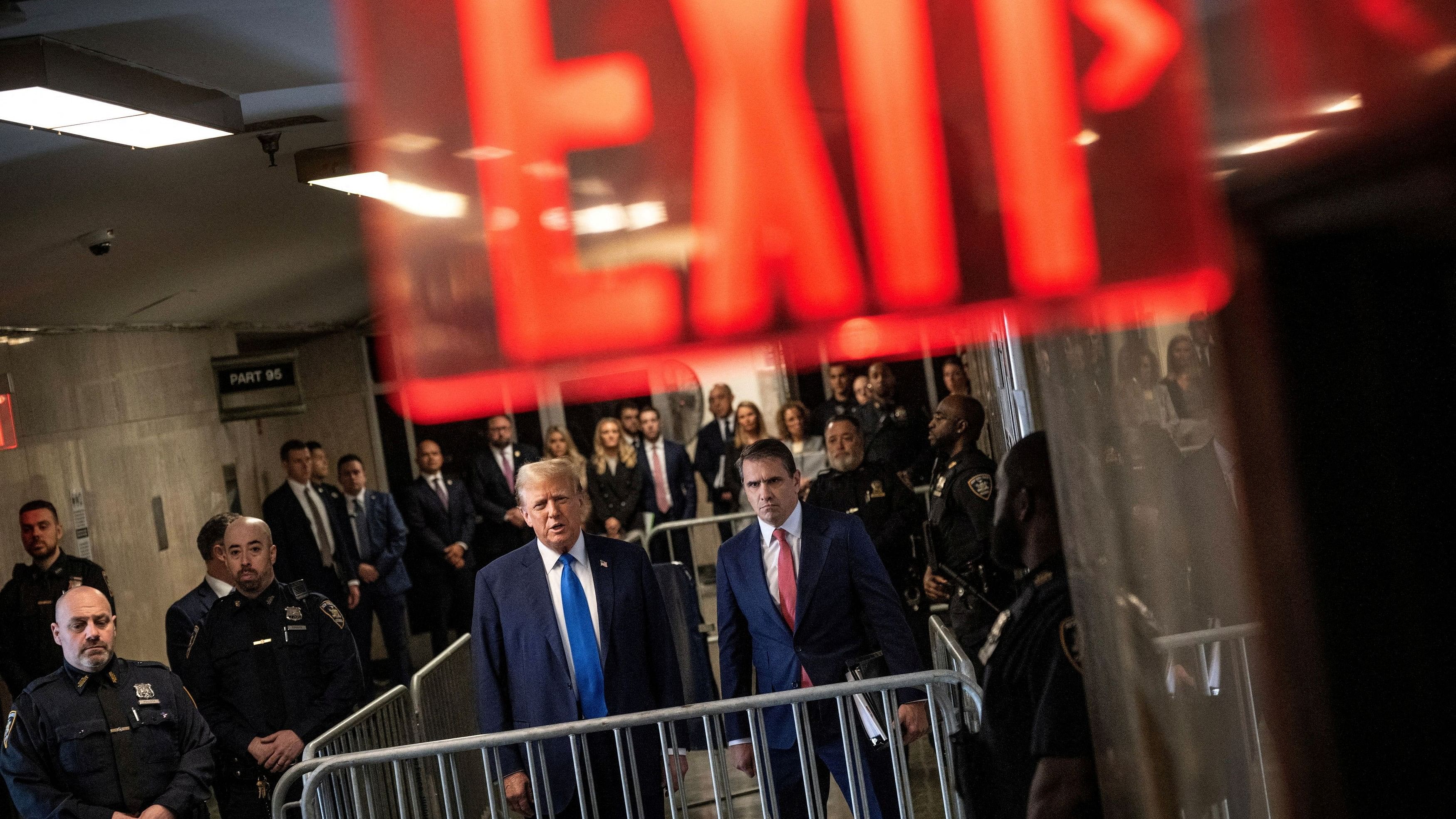 <div class="paragraphs"><p>Former US President Donald Trump speaks to the media on the first day of opening statements in his trial at Manhattan Criminal Court for falsifying documents related to hush money payments, in New York, US, April 22, 2024.</p></div>