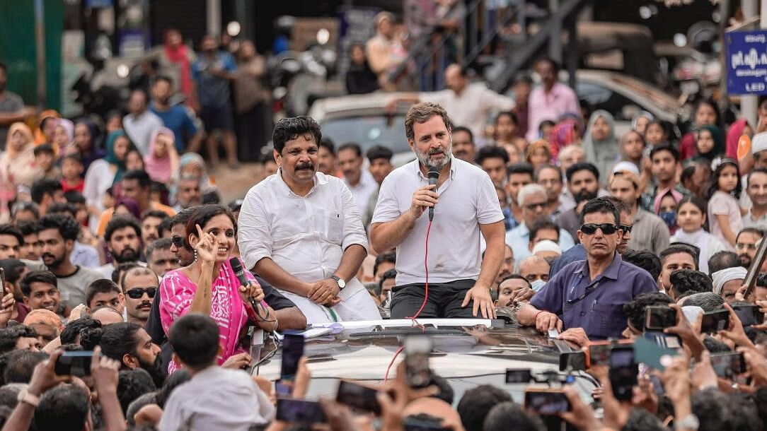 <div class="paragraphs"><p>Rahul Gandhi during a road show ahead of Lok Sabha elections, at Karuvarakundu in Malappuram district in Kerala.&nbsp;</p></div>