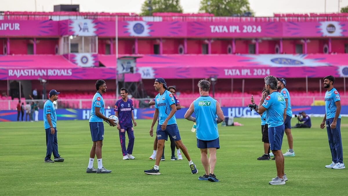 <div class="paragraphs"><p>Gujarat Titans players during a practice session ahead of the Indian Premier League 2024 T20 cricket match against Rajasthan Royals, at Sawai Mansingh Stadium in Jaipur, Tuesday, April 9, 2024</p></div>