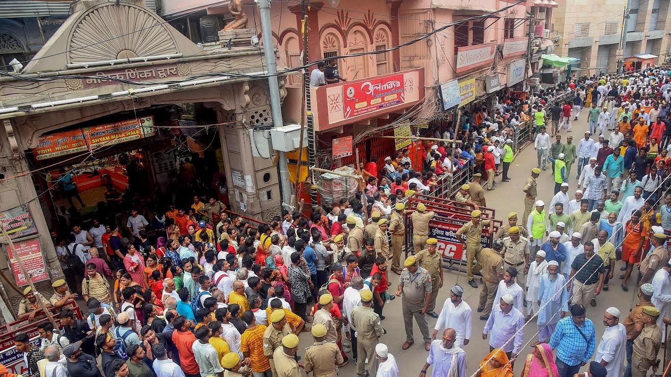 <div class="paragraphs"><p>Muslim devotees come out of Gyanvapi mosque after offering prayers, amid tight security arrangements, in Varanasi.`</p></div>
