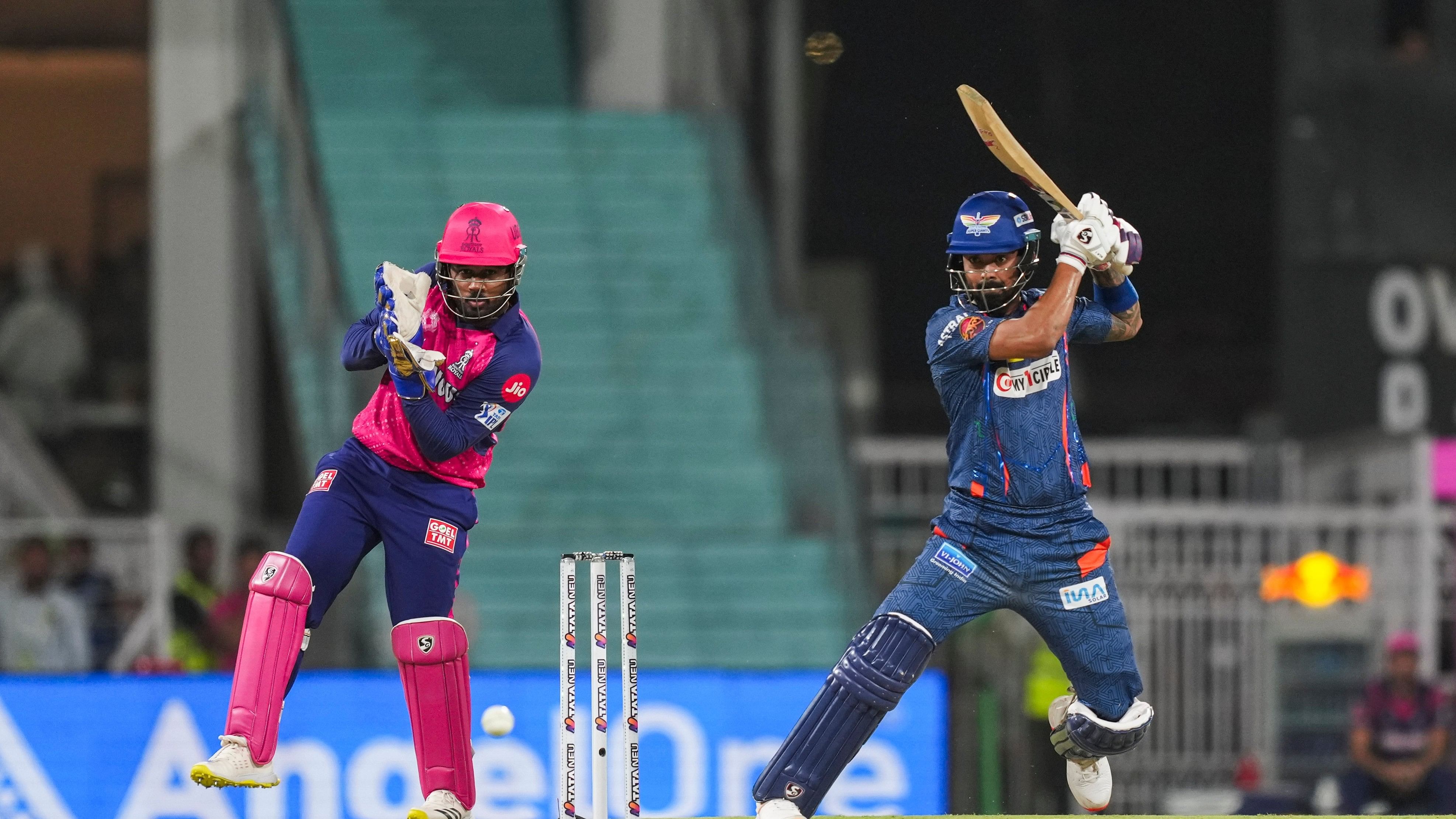 <div class="paragraphs"><p>Lucknow Super Giants captain KL Rahul plays a shot during an Indian Premier League (IPL) 2024 T20 cricket match between Lucknow Super Giants and Rajasthan Royals, at the Bharat Ratna Shri Atal Bihari Vajpayee Ekana Cricket Stadium, in Lucknow, Saturday, April 27, 2024. </p></div>