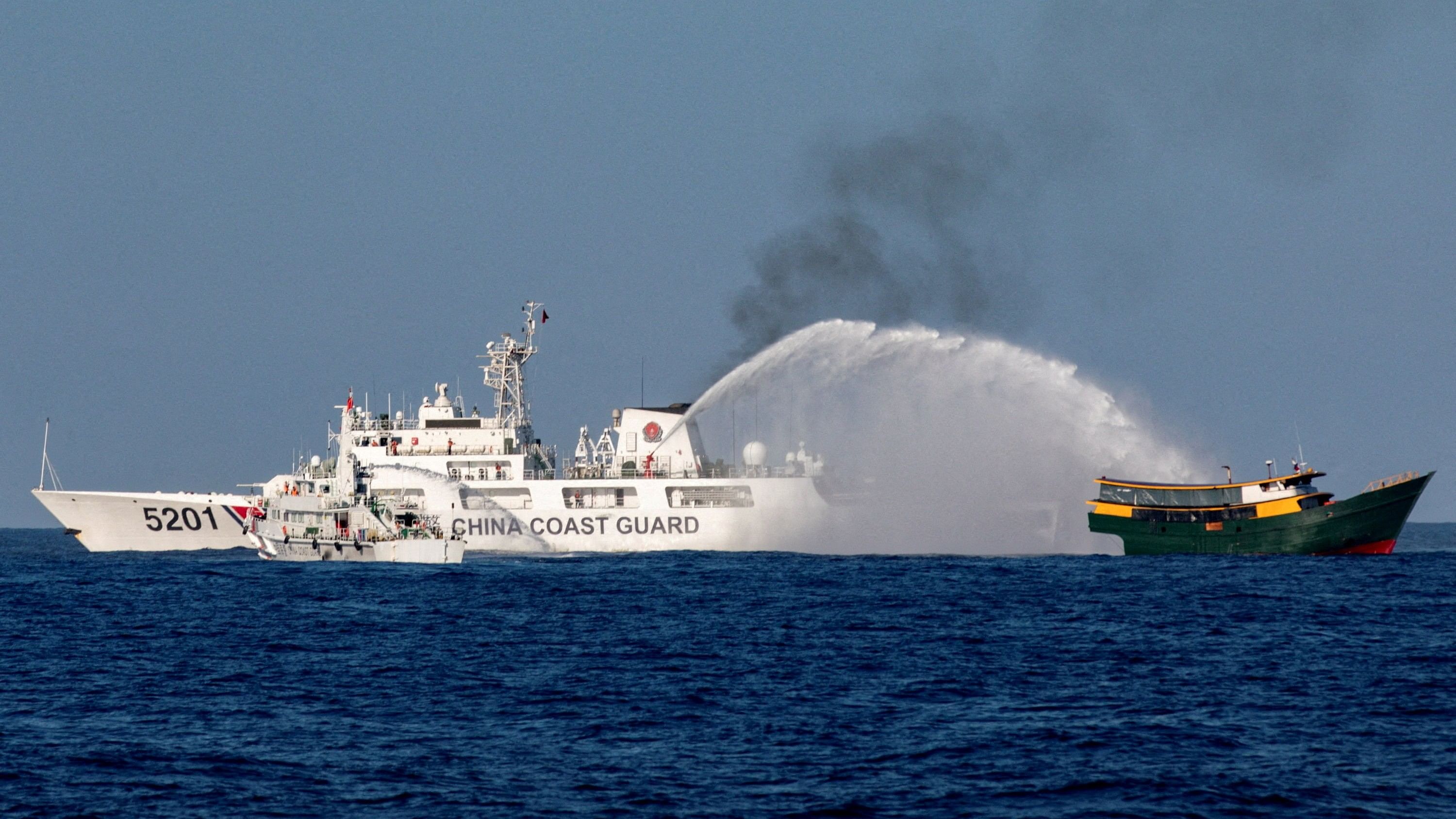 <div class="paragraphs"><p>A Chinese Coast Guard vessel fires water cannons towards a Philippine resupply vessel Unaizah while on its way to a resupply mission at Second Thomas Shoal in the South China Sea earlier this year. </p></div>