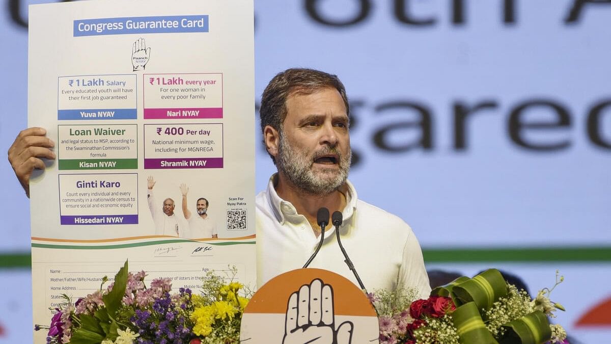 <div class="paragraphs"><p>Rahul Gandhi speaks during the release of the party’s manifesto in Hyderabad on Saturday, April 6.&nbsp;</p></div>