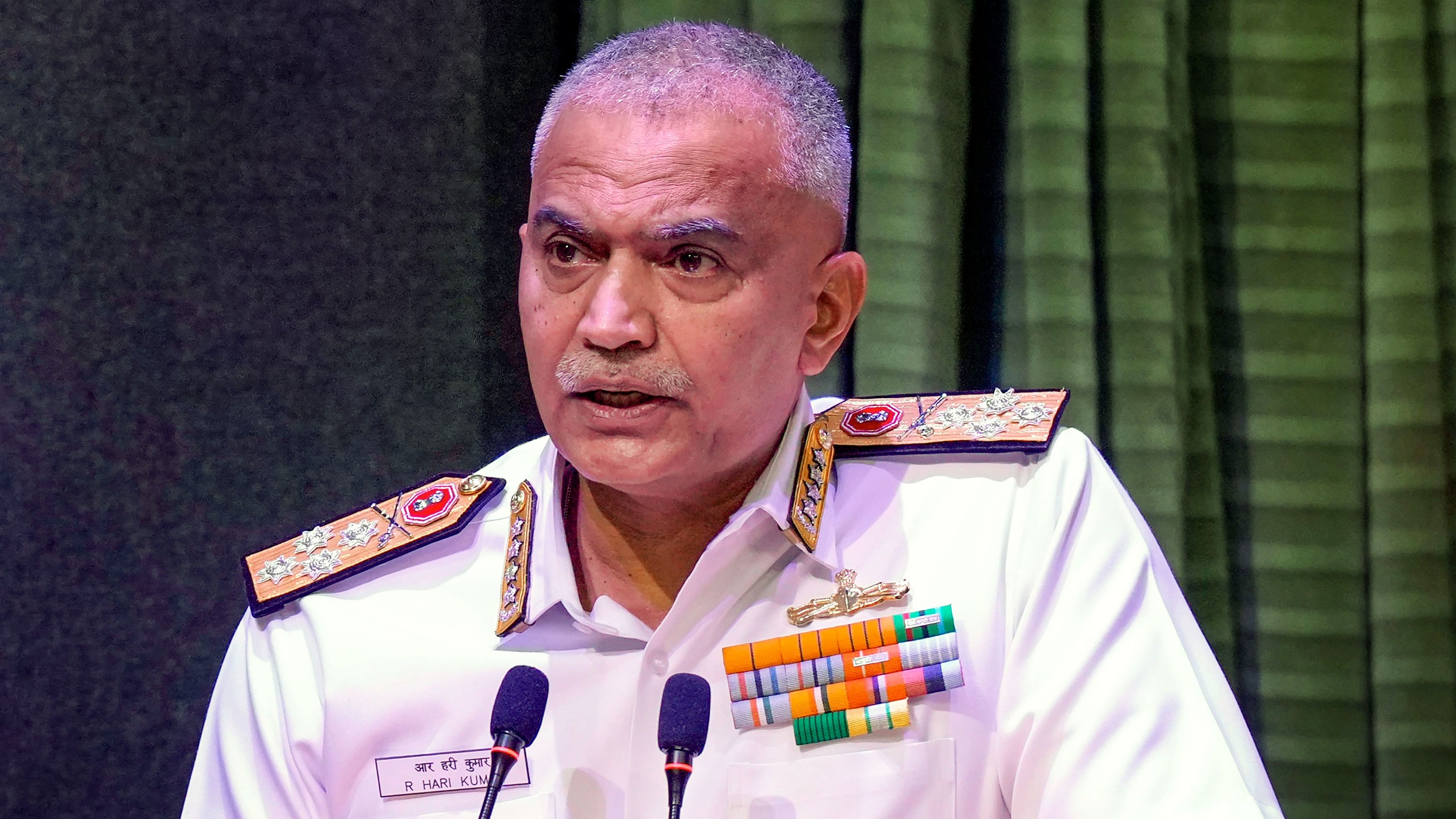 <div class="paragraphs"><p>Chief of Naval Staff Admiral R Hari Kumar addresses during the 'Indian Defspace Symposium' 2024, at Manekshaw Centre in New Delhi, Thursday</p></div>