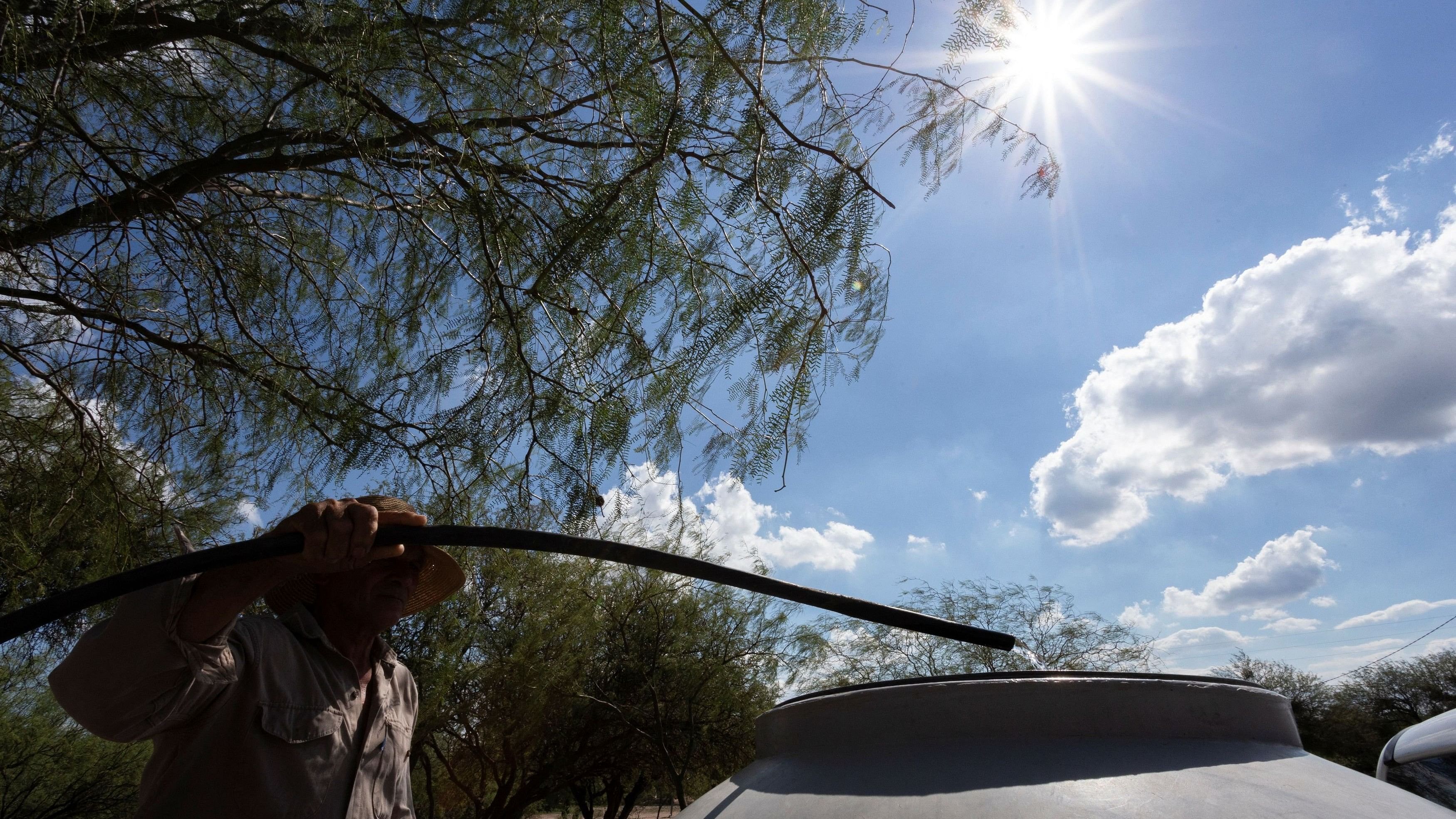 <div class="paragraphs"><p>Farmer Omar Diaz, 67, collects water in a tank for his family and animals from a water well during a heat wave as temperature rises.</p></div>