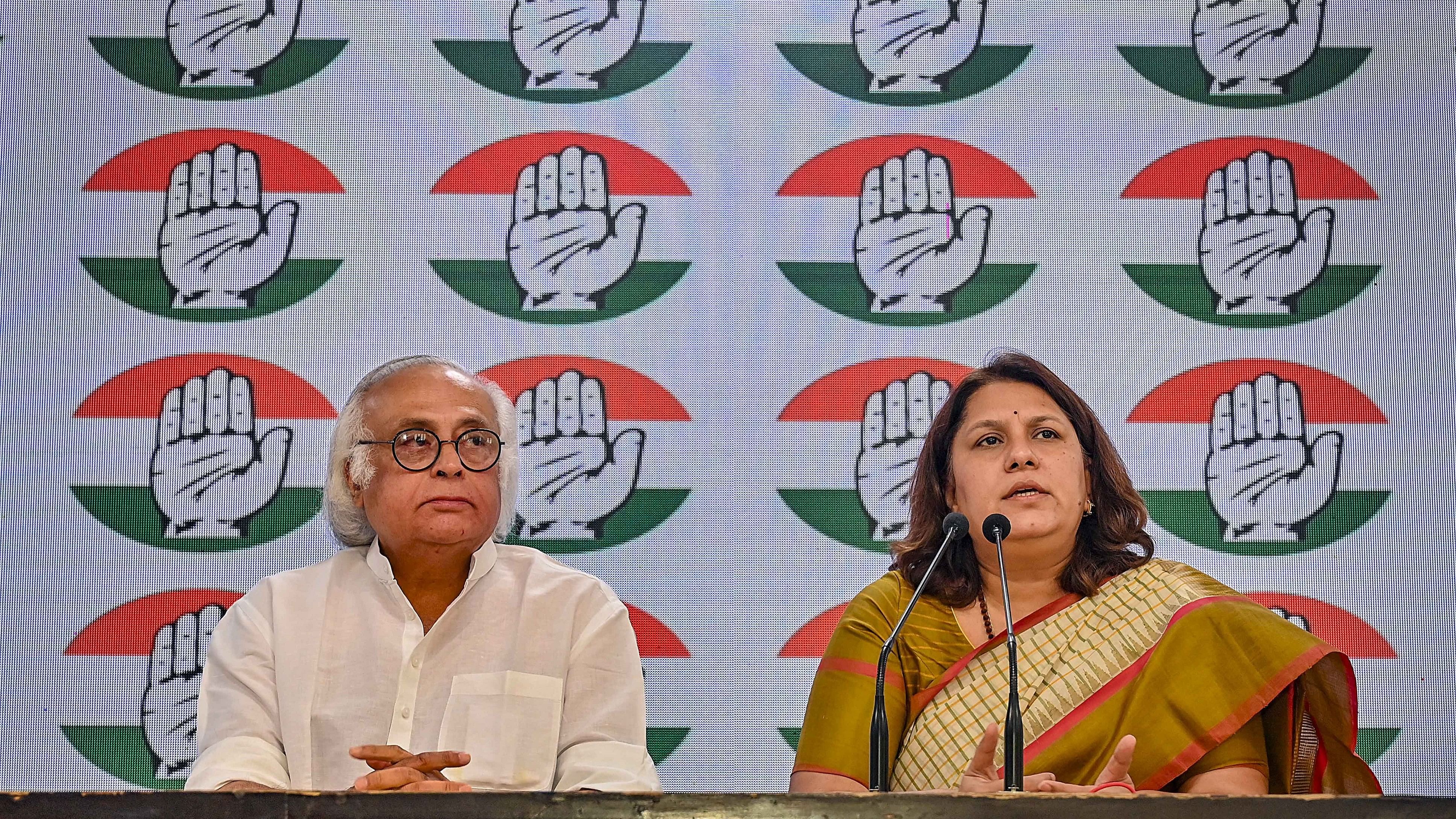 <div class="paragraphs"><p>New Delhi: Congress leaders Jairam Ramesh and Supriya Shrinate at the release of the party's election campaign song for Lok Sabha polls, in Delhi, Monday, April 15, 2024. </p></div>