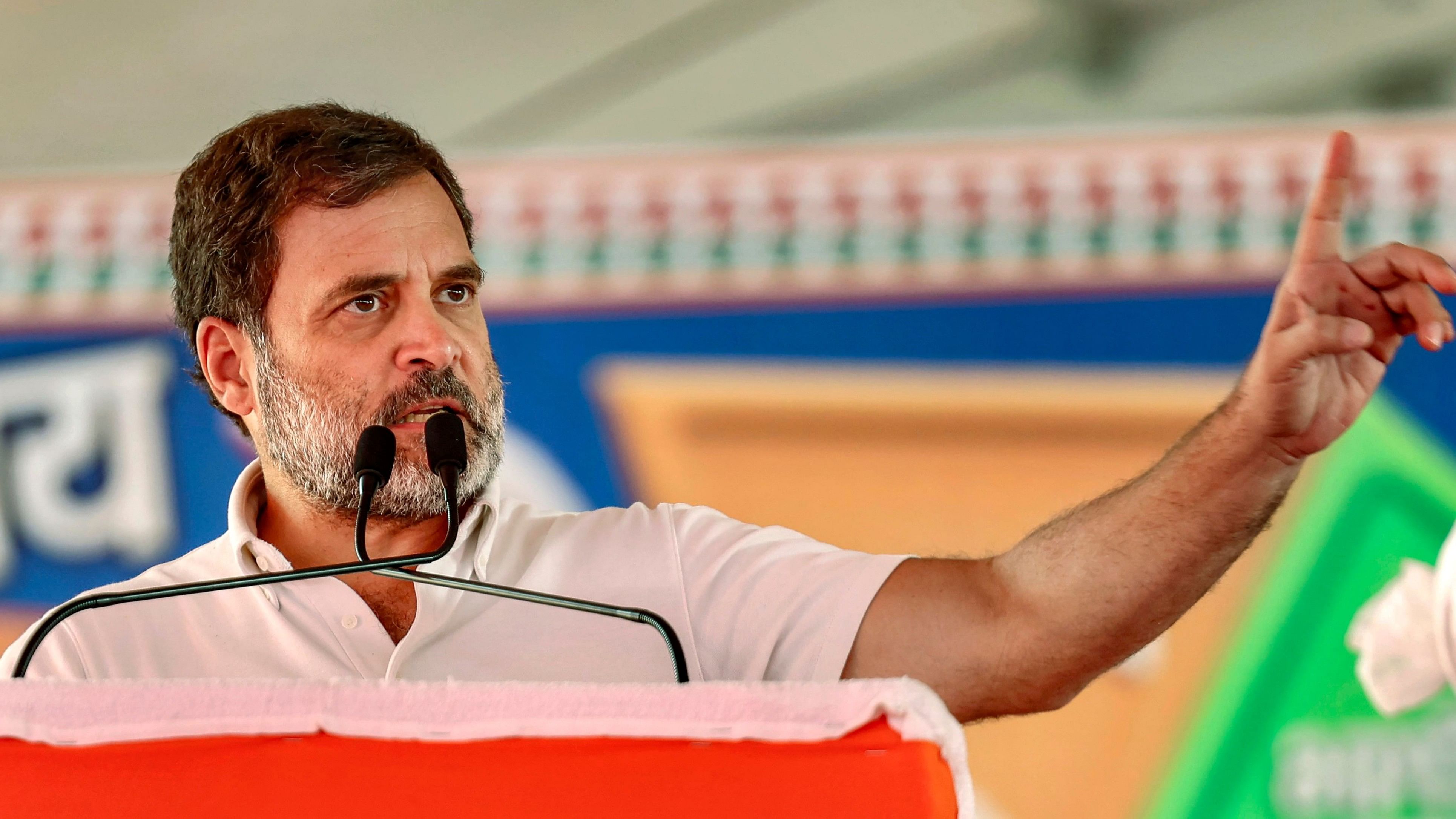 <div class="paragraphs"><p>Congress leader Rahul Gandhi speaks during a public meeting ahead of Lok Sabha elections, at Dhanora in Seoni district, on Monday.</p></div>