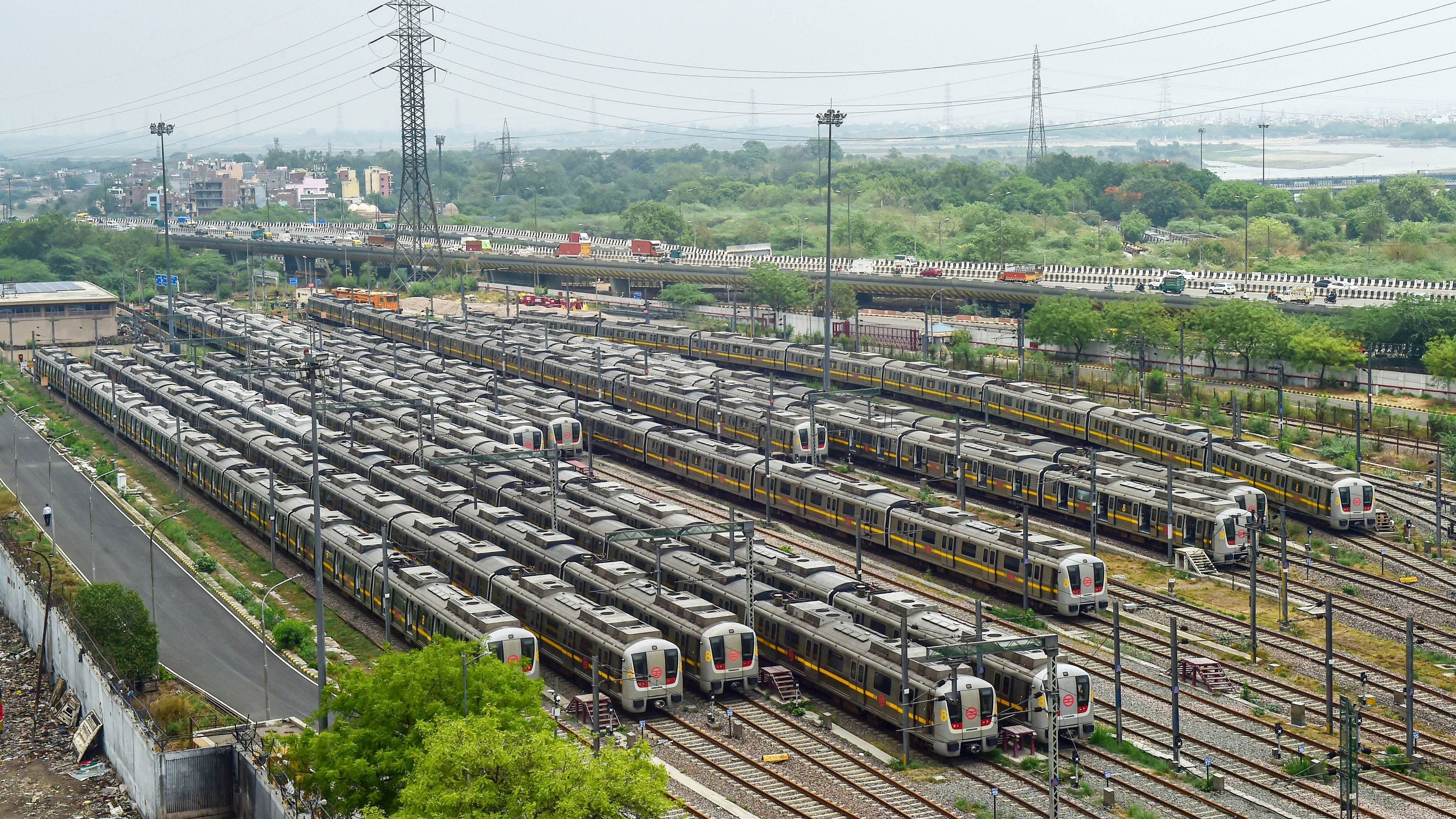 <div class="paragraphs"><p>Delhi Metro trains parked at Timarpur Yard.</p></div>