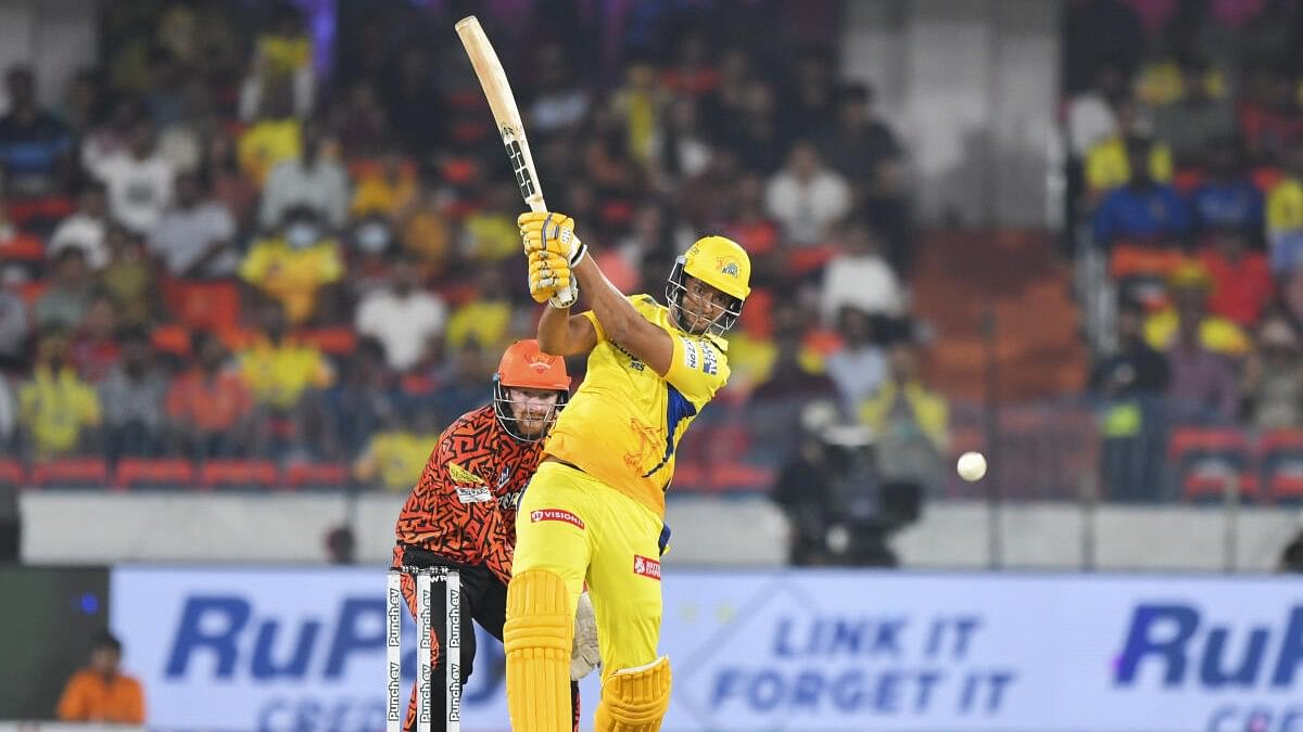 <div class="paragraphs"><p>CSK’s Shivam Dube drives one on the on side during the IPL tie against&nbsp;SRH in Hyderabad on Friday, April 5, 2024.</p></div>