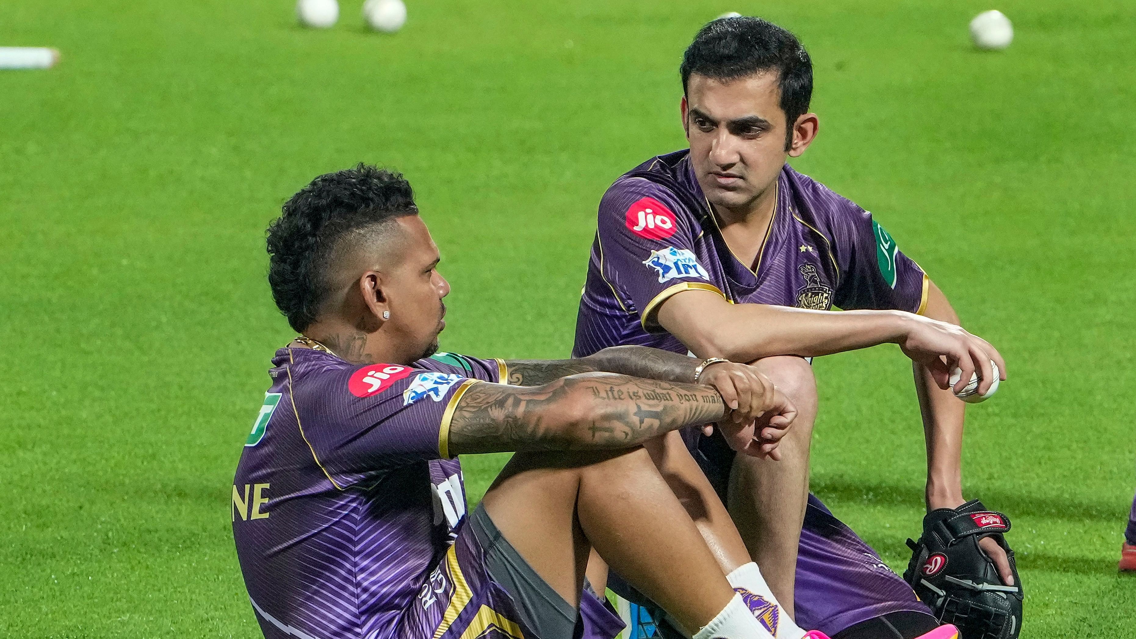 <div class="paragraphs"><p>Kolkata Knight Riders bowler Sunil Narine with team mentor Gautam Gambhir during a training session ahead of the Indian Premier League (IPL) 2024 cricket tournament, at Eden Gardens.</p></div>