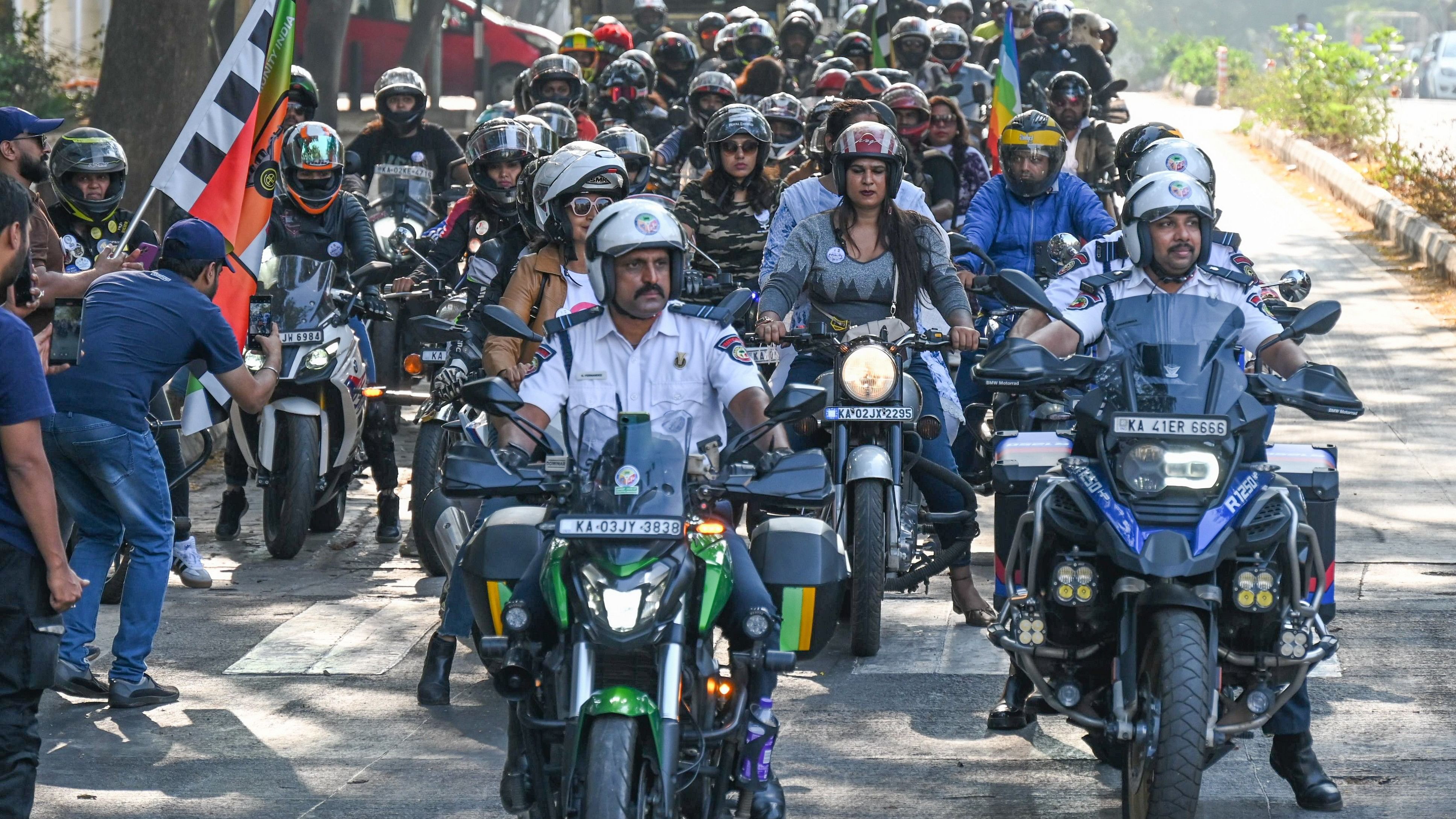 <div class="paragraphs"><p>The rally, Ride for Equality, being flagged off near Ashoka Pillar in Jayanagar on Sunday morning.&nbsp;</p></div>