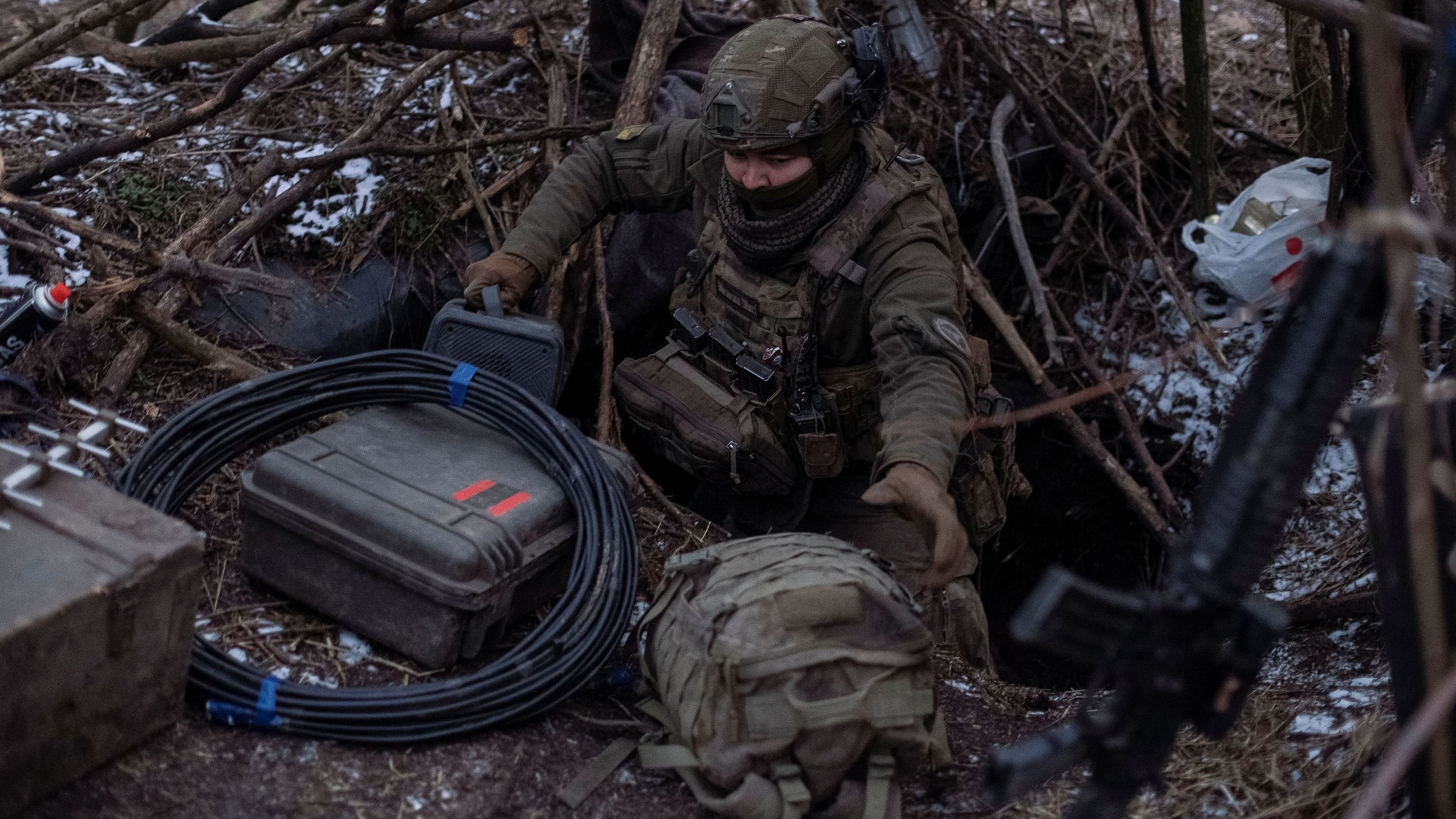 <div class="paragraphs"><p>A Ukrainian serviceman of 47th brigade prepares his position to operate a drone at a front line.</p></div>