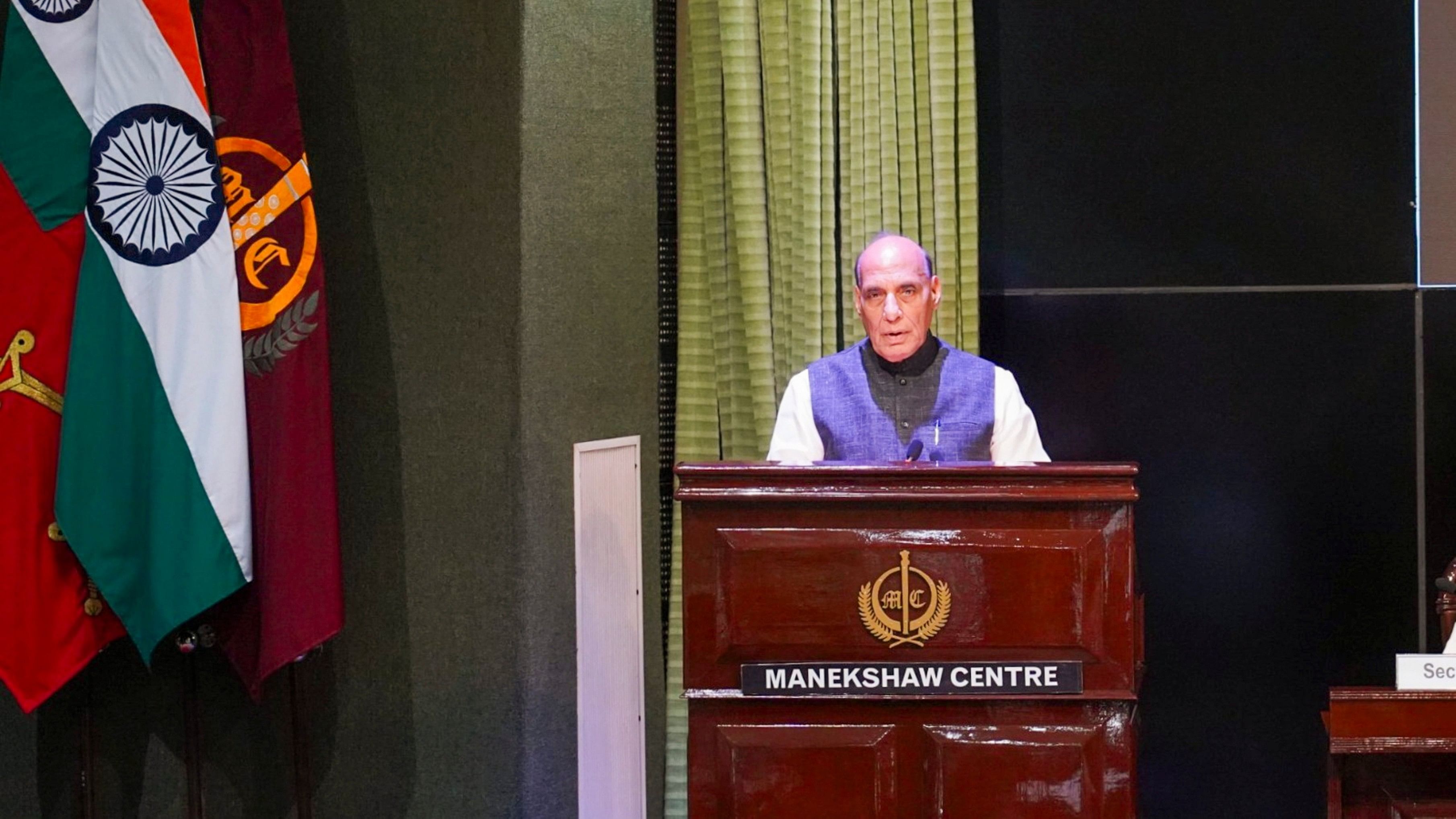 <div class="paragraphs"><p>Defence Minister Rajnath Singh addresses during the Army Commanders Conference, in New Delhi, Tuesday, April 2, 2024. </p></div>