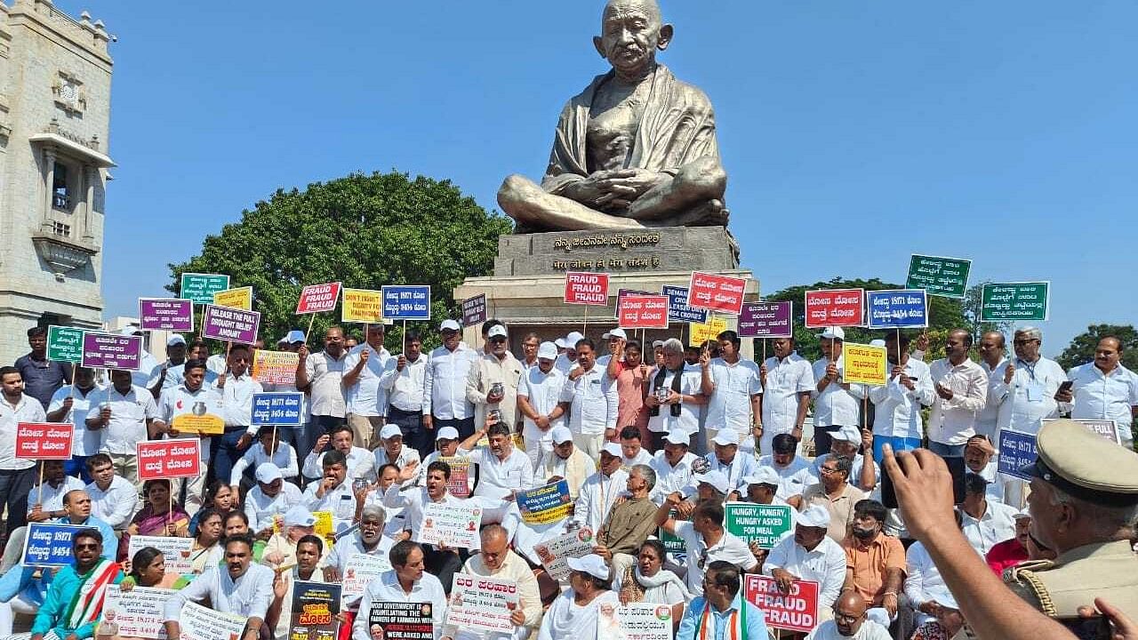 <div class="paragraphs"><p>Karnataka Chief Minister Siddaramaiah, Deputy Chief Minister D.K. Shivakumar and Congress MLAs stage a protest against the central government over release of drought relief to Karnataka, in Bengaluru.</p></div>