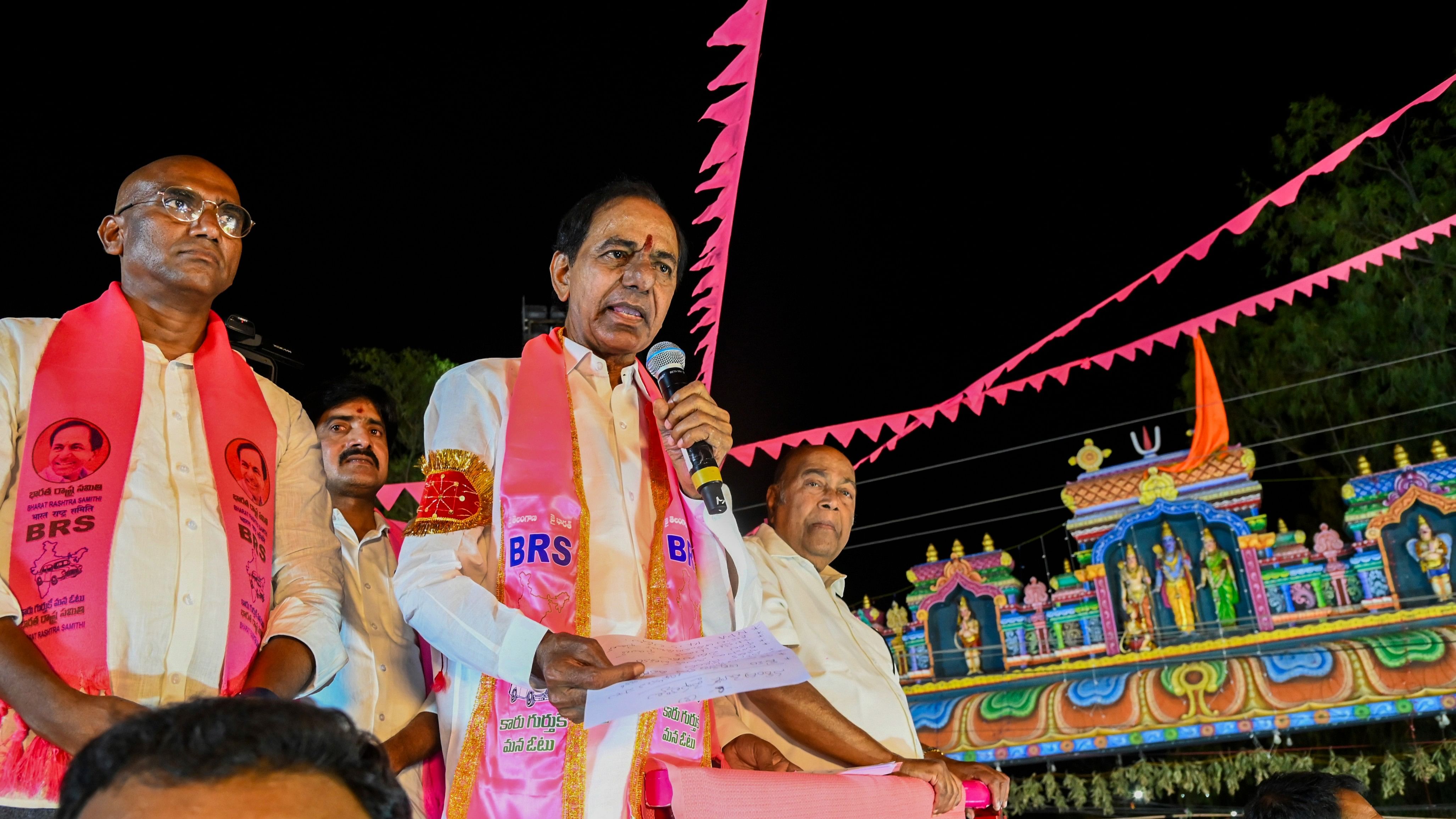 <div class="paragraphs"><p>BRS Party President K Chandrashekar Rao with others during an election roadshow for the Lok Sabha elections.</p></div>