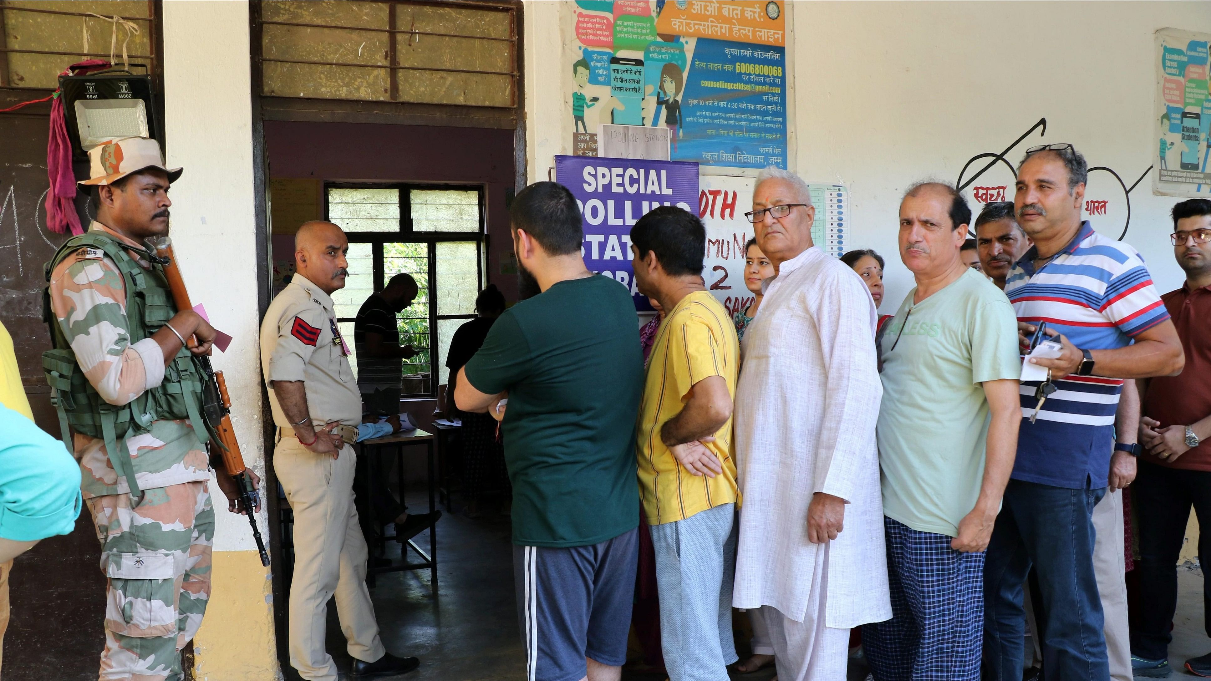 <div class="paragraphs"><p>File Photo: People from the Kashmiri Pandit community wait in queues to cast their votes  in Jammu.</p></div>