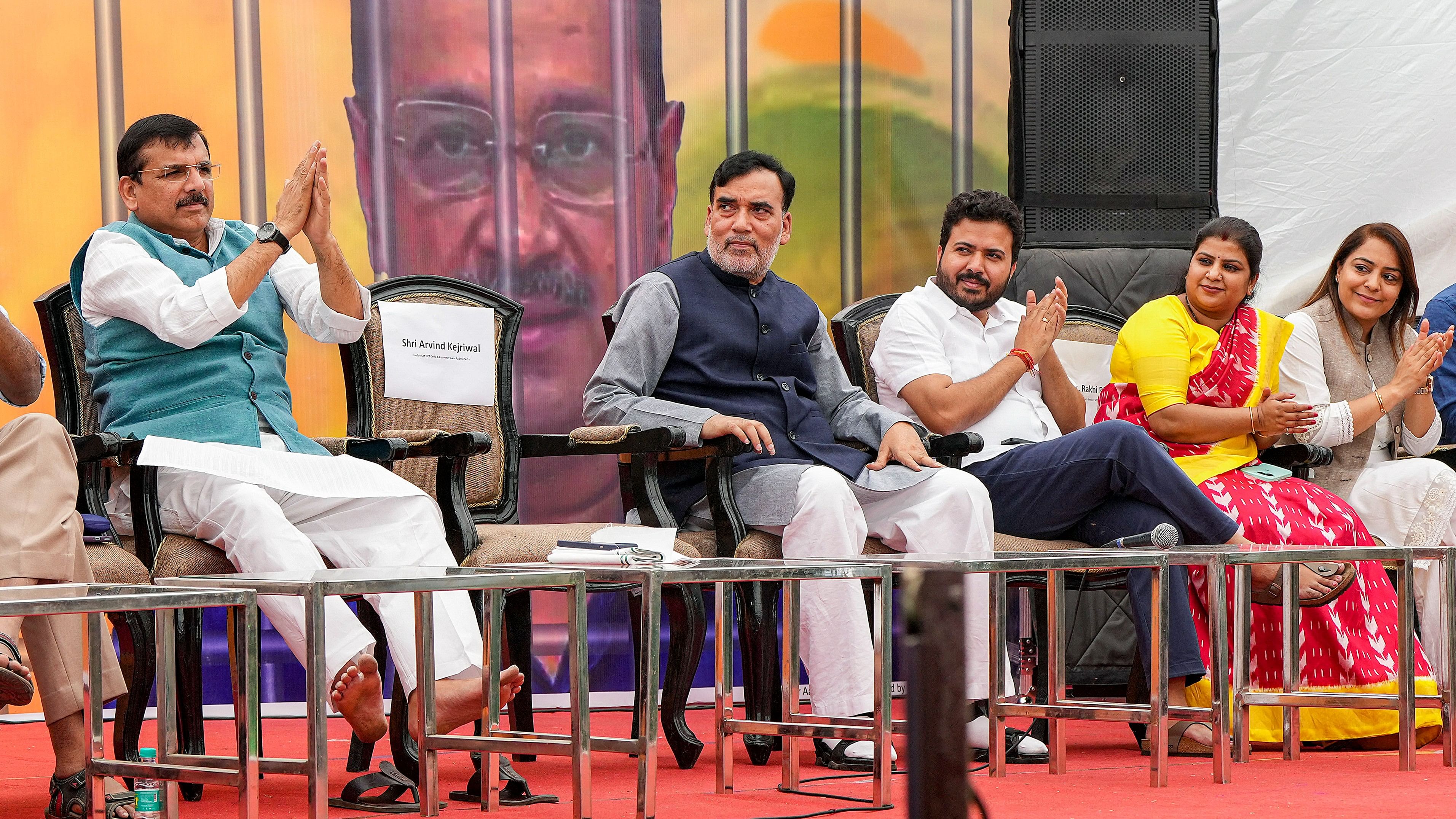 <div class="paragraphs"><p>AAP leaders Sanjay Singh and Gopal Rai with others at the party's campaign song launch ahead of Lok Sabha polls, in New Delhi, Thursday, April 25, 2024.<br></p></div>