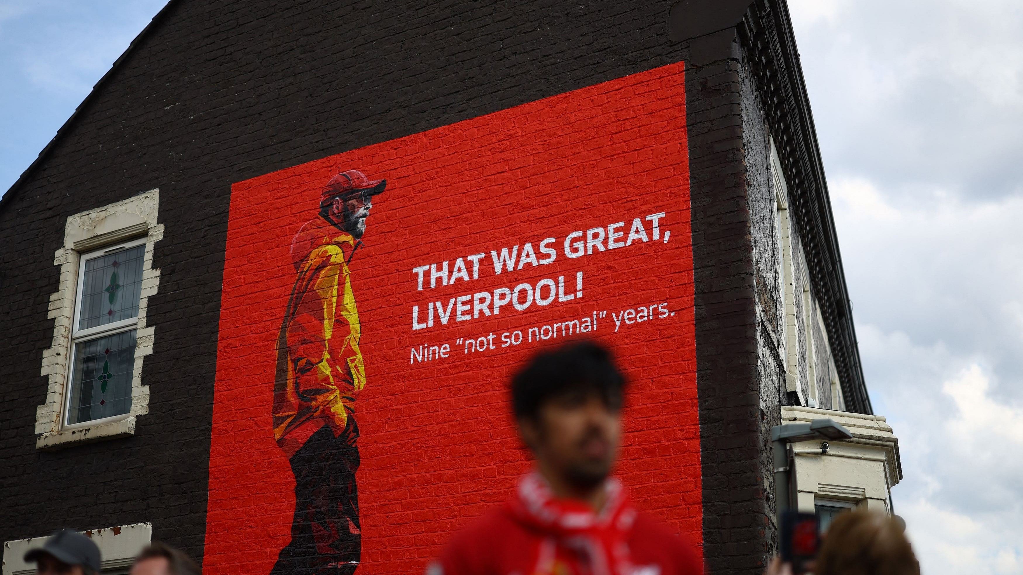 <div class="paragraphs"><p>General view of a poster of Liverpool manager Jurgen Klopp outside the stadium before the match against Tottenham.</p></div>