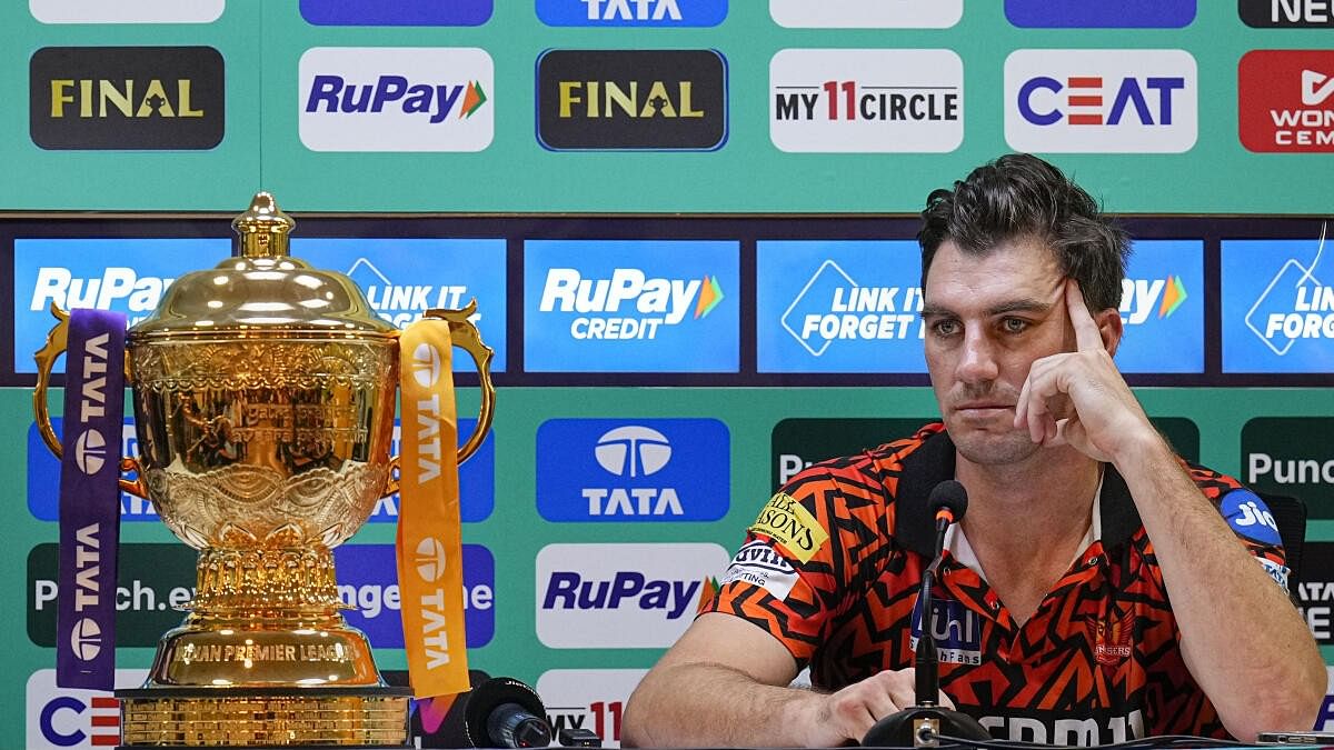 <div class="paragraphs"><p>SRH skipper Pat Cummins with the IPL 2024 trophy during a press conference on the eve of the Indian Premier League (IPL) final match, in Chennai.</p></div>