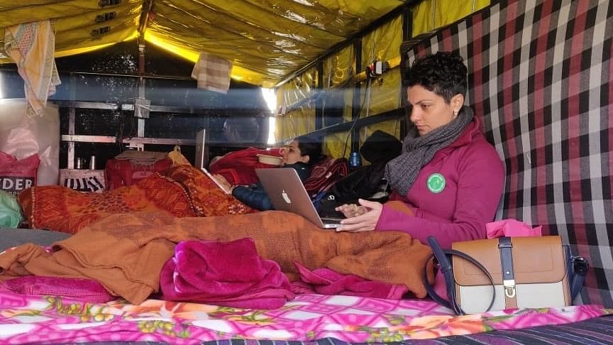 The author in her trailer during the protests.