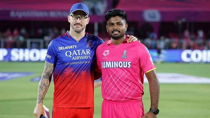 <div class="paragraphs"><p>RCB captain Faf du Plessis (L) and his RR counterpart Sanju Samson.</p></div>