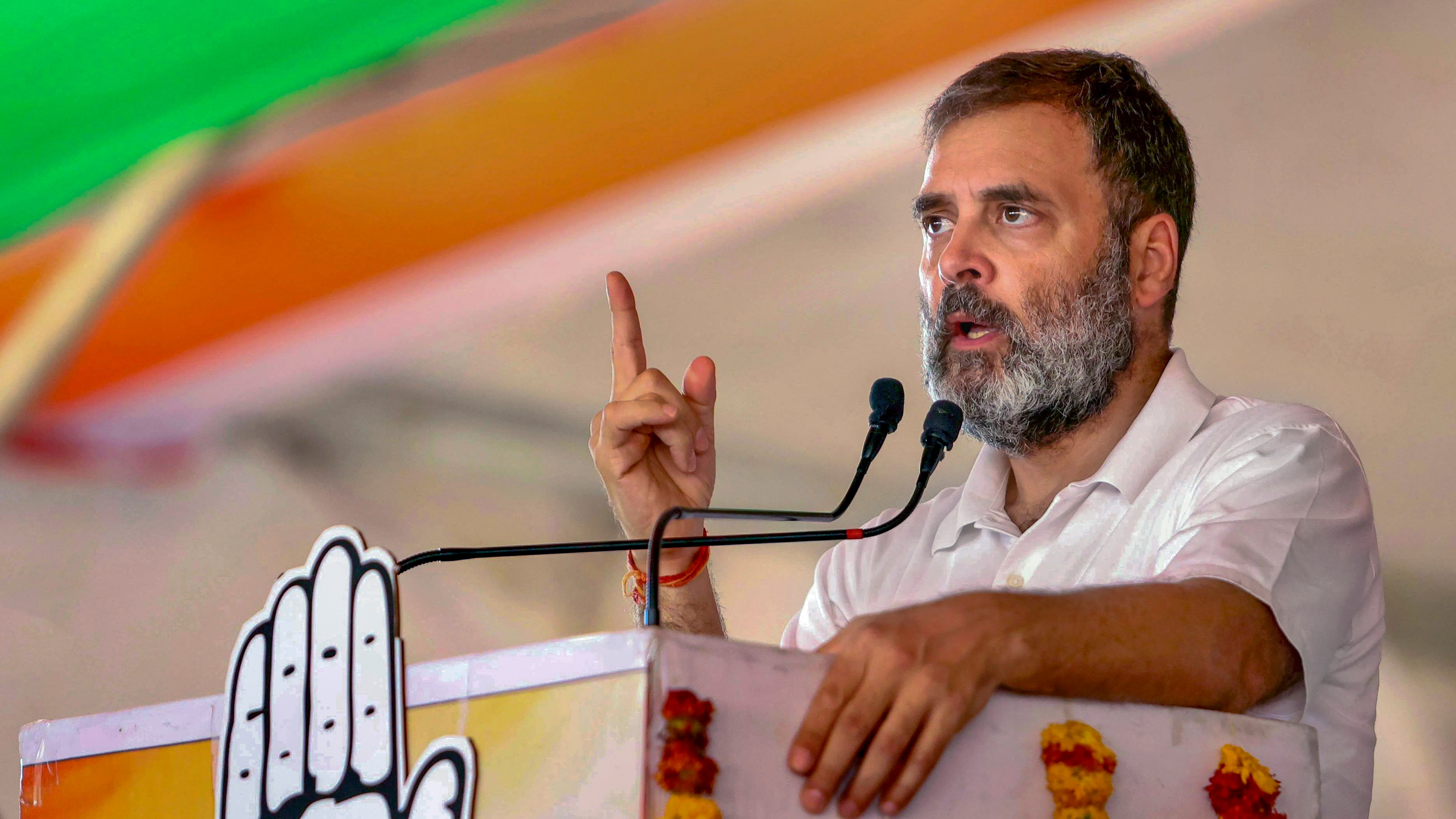 <div class="paragraphs"><p>Congress leader Rahul Gandhi addresses a public meeting for Lok Sabha elections, in Ratlam, on Monday.</p></div>