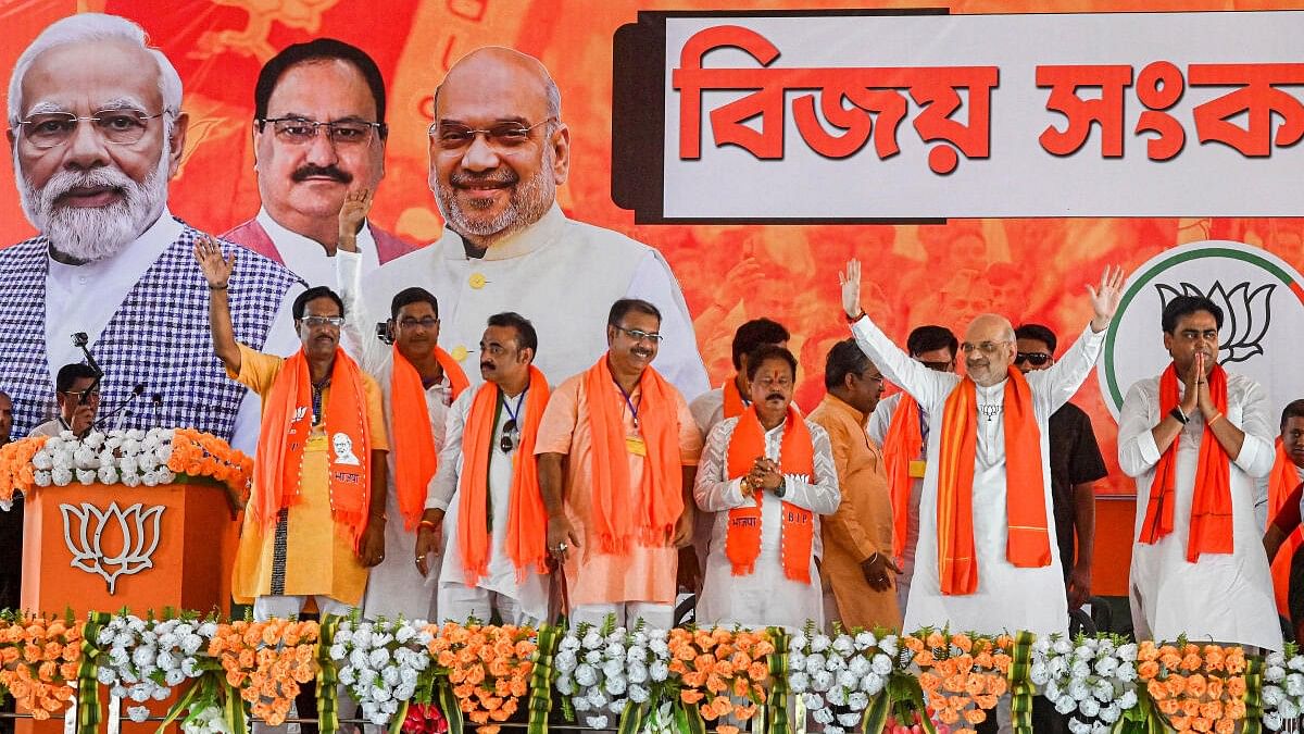 <div class="paragraphs"><p>Union Home Minister and BJP leader Amit Shah during a public meeting for Lok Sabha elections, at Bangaon in North 24 Parganas district.</p></div>