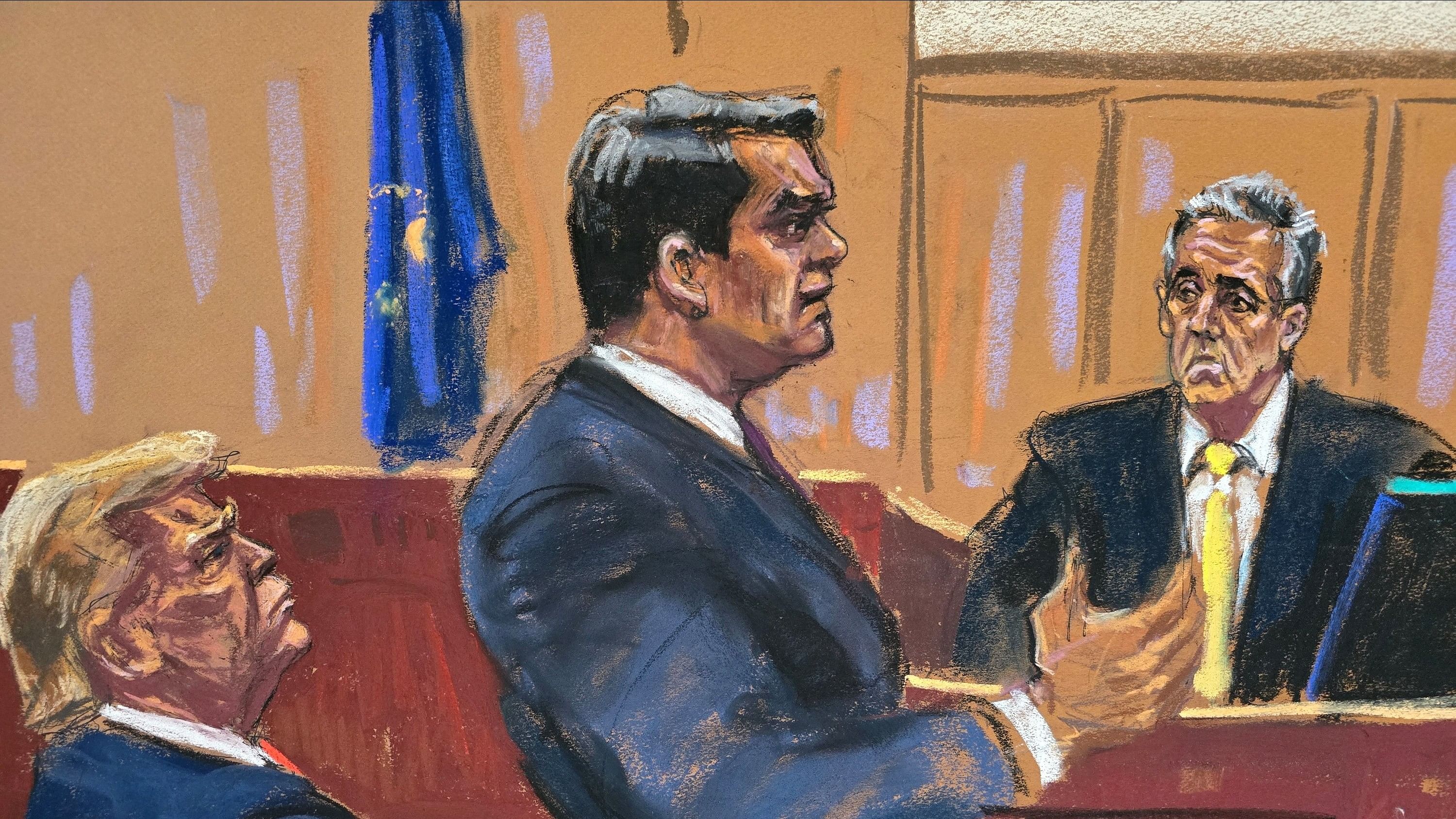 <div class="paragraphs"><p>Michael Cohen is cross-examined by defense lawyer Todd Blanche during former US President Donald Trump's criminal trial on charges that he falsified business records to conceal money paid to silence porn star Stormy Daniels in 2016, in Manhattan state court in New York City, US, May 16, 2024, in this courtroom sketch. </p></div>