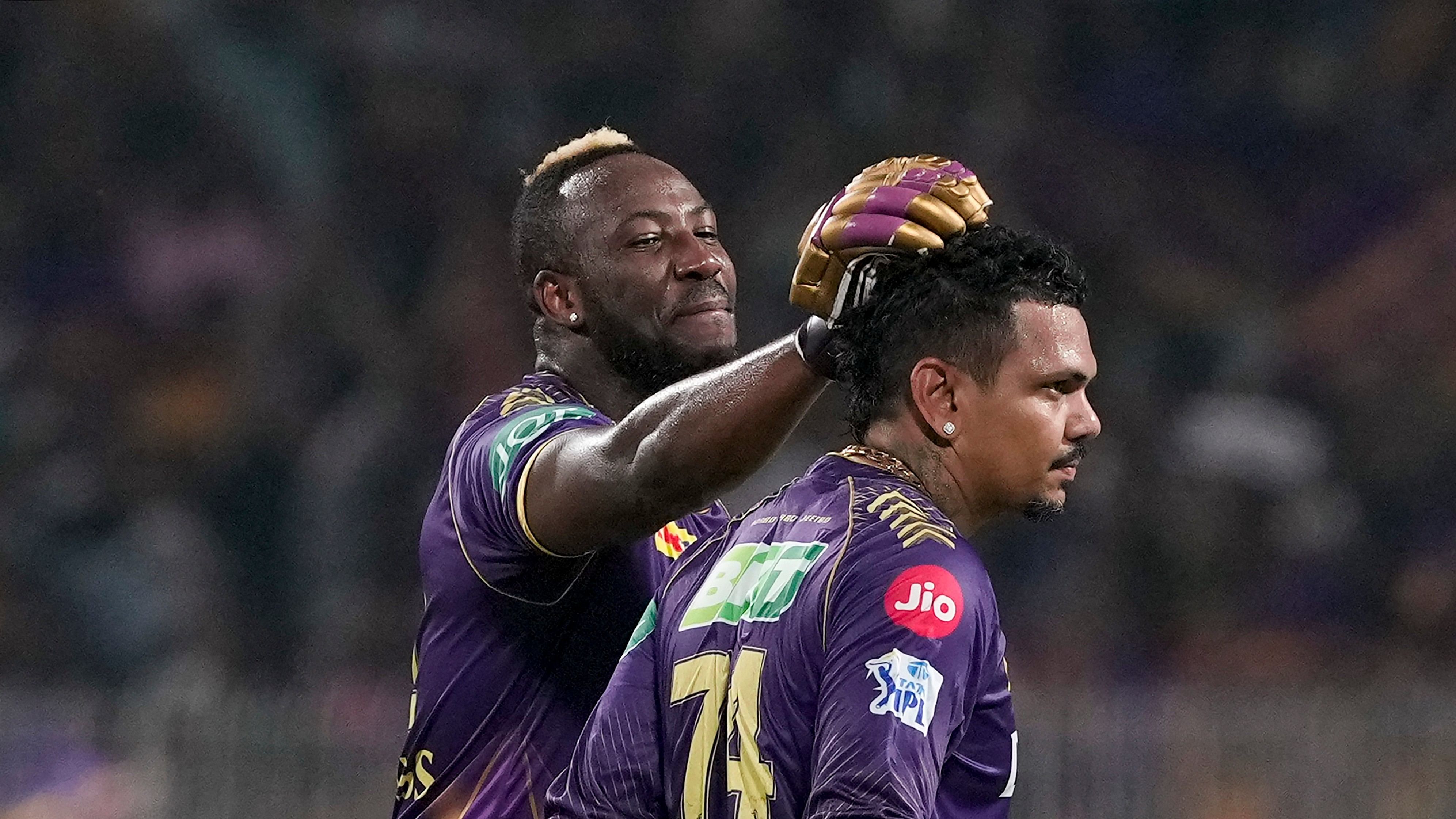 <div class="paragraphs"><p>Kolkata Knight Riders batter Sunil Narine with teammate Andre Russell</p></div>