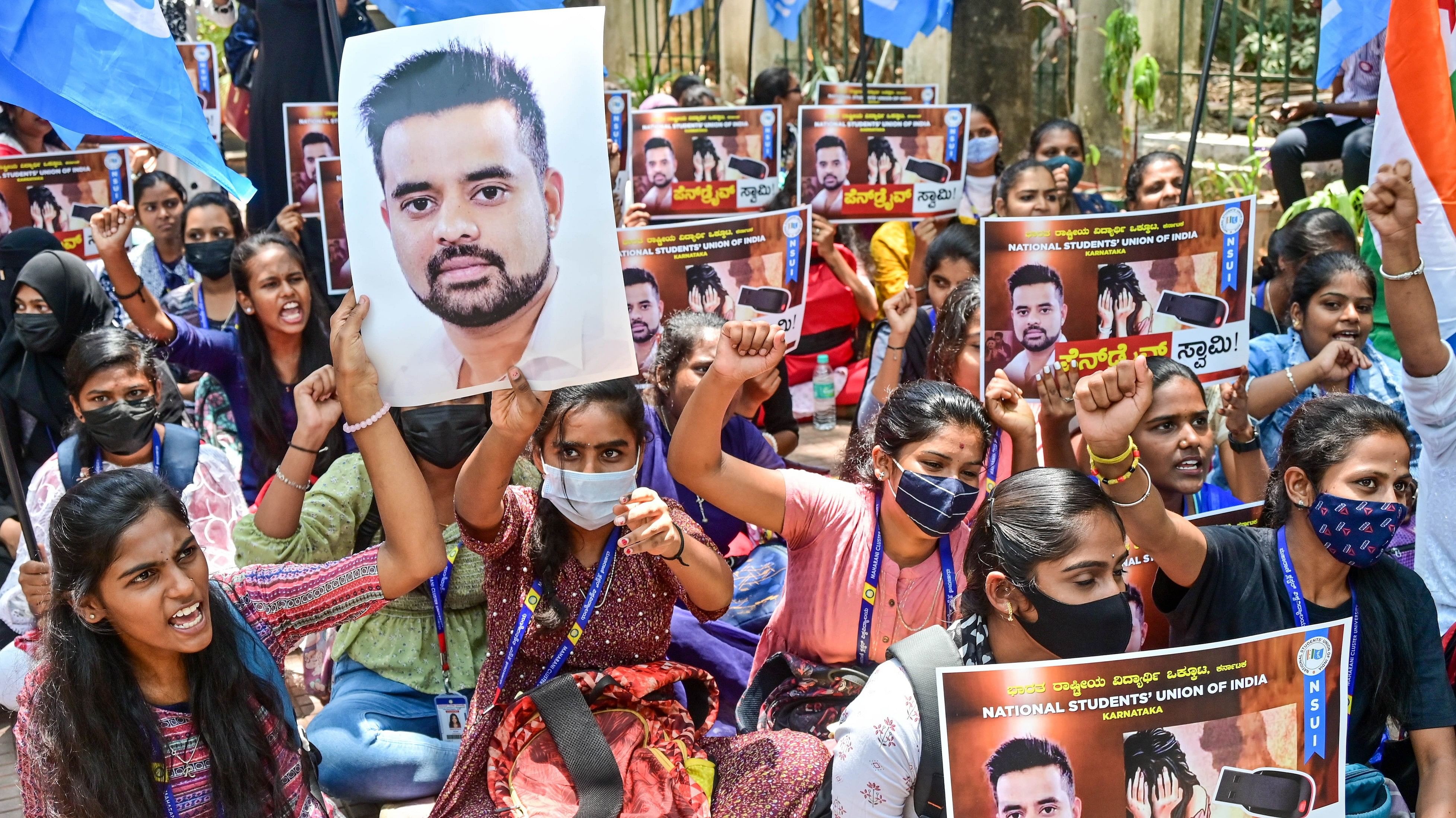 <div class="paragraphs"><p>On behalf of NSUI Bangalore, students staged a protest against the pen drive ritual of Hassan MP Prajwal Revanna at the premises of Maharani Cluster University in Bengaluru on Tuesday. </p></div>