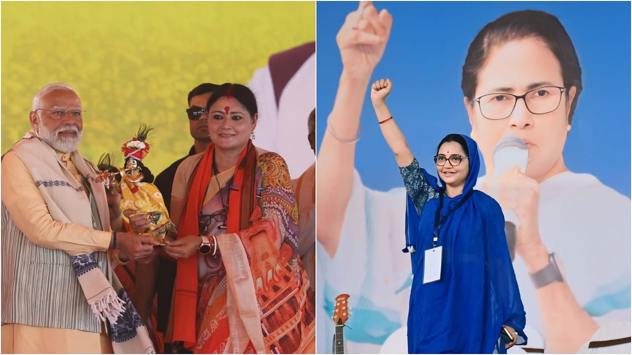 <div class="paragraphs"><p>Agnimitra Paul with PM Modi in Bengal(L), TMC candidate June Malia.&nbsp;</p></div>