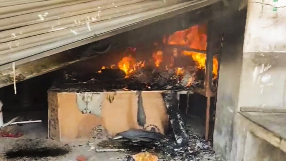 <div class="paragraphs"><p>Fire at a shop during a protest at Nandigram, in Purba Medinipur district.&nbsp;</p></div>