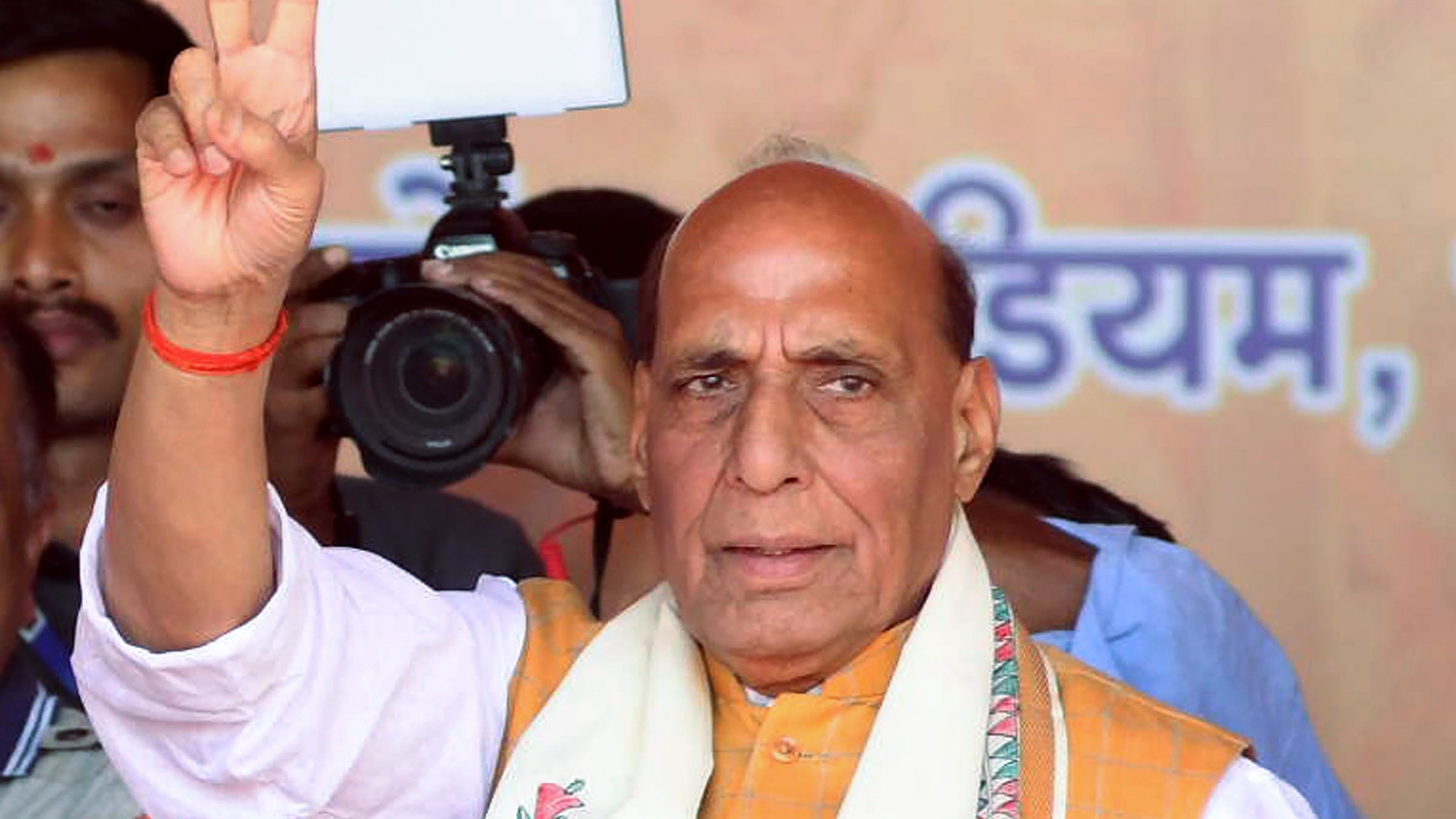 <div class="paragraphs"><p>Union Defence Minister and BJP leader Rajnath Singh during a public meeting for Lok Sabha elections, in Saran, Bihar, on Thursday.</p></div>