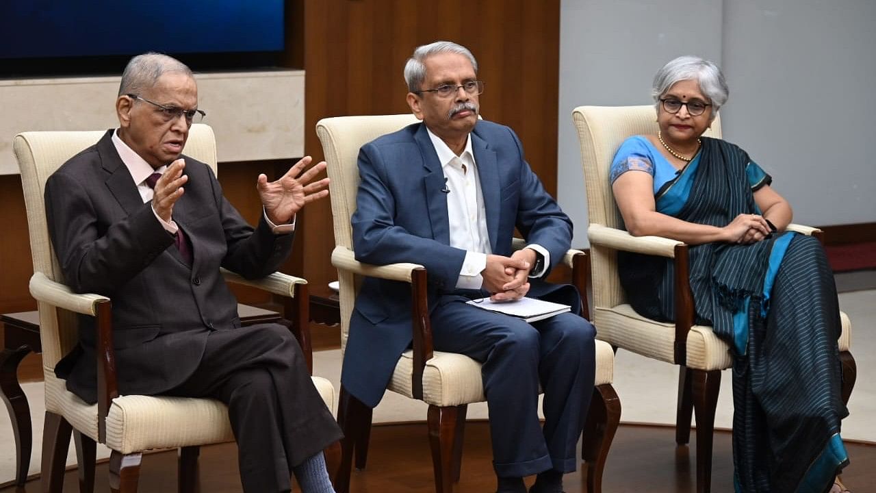 <div class="paragraphs"><p>(L-R) N R Narayana Murthy, Kris Gopalakrishnan, and Dr Pratima Murthy during the media interaction on Wednesday.</p></div>