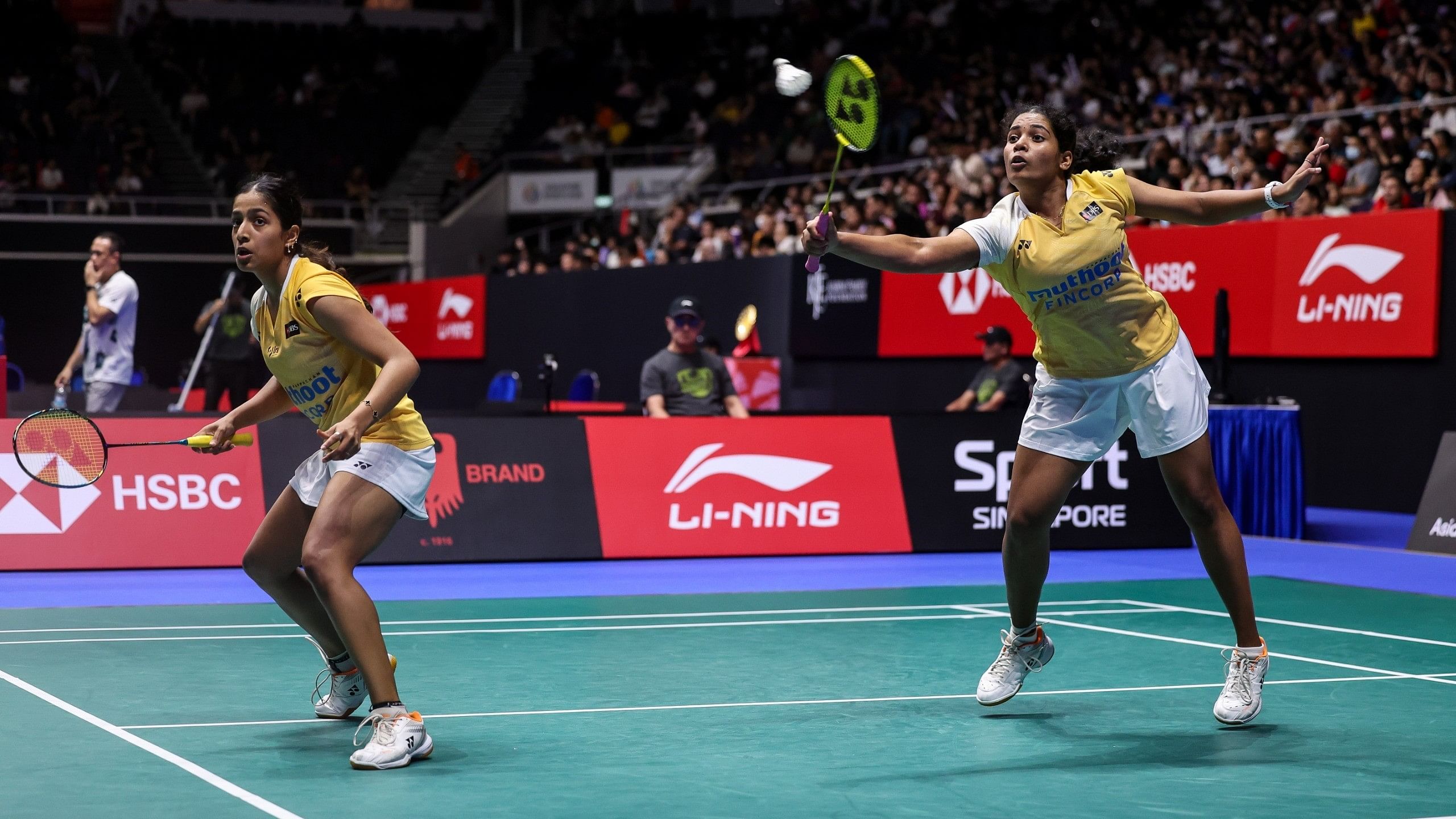 <div class="paragraphs"><p>Gayatri Gopichand (left) and Treesa Jolly (right) during the Singapore Open.</p></div>