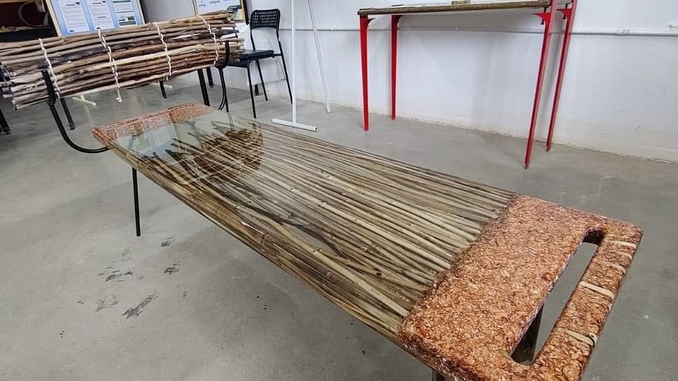 A bench made of lantana shavings and resin. It was one of the outcomes of the project ‘Bio Invasion Reimagined’.