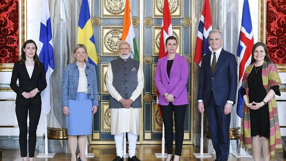 <div class="paragraphs"><p>PM Modi Modi with his Denmark counterpart Mette Frederiksen, Prime Minister of Norway Jonas Gahr Støre, Prime Minister of Iceland Katrín Jakobsdóttir, Prime Minister of Sweden Magdalena Andersson and Prime Minister of Finland Sanna Marin during the India-Nordic Summit 2022, in Copenhagen.&nbsp;</p></div>