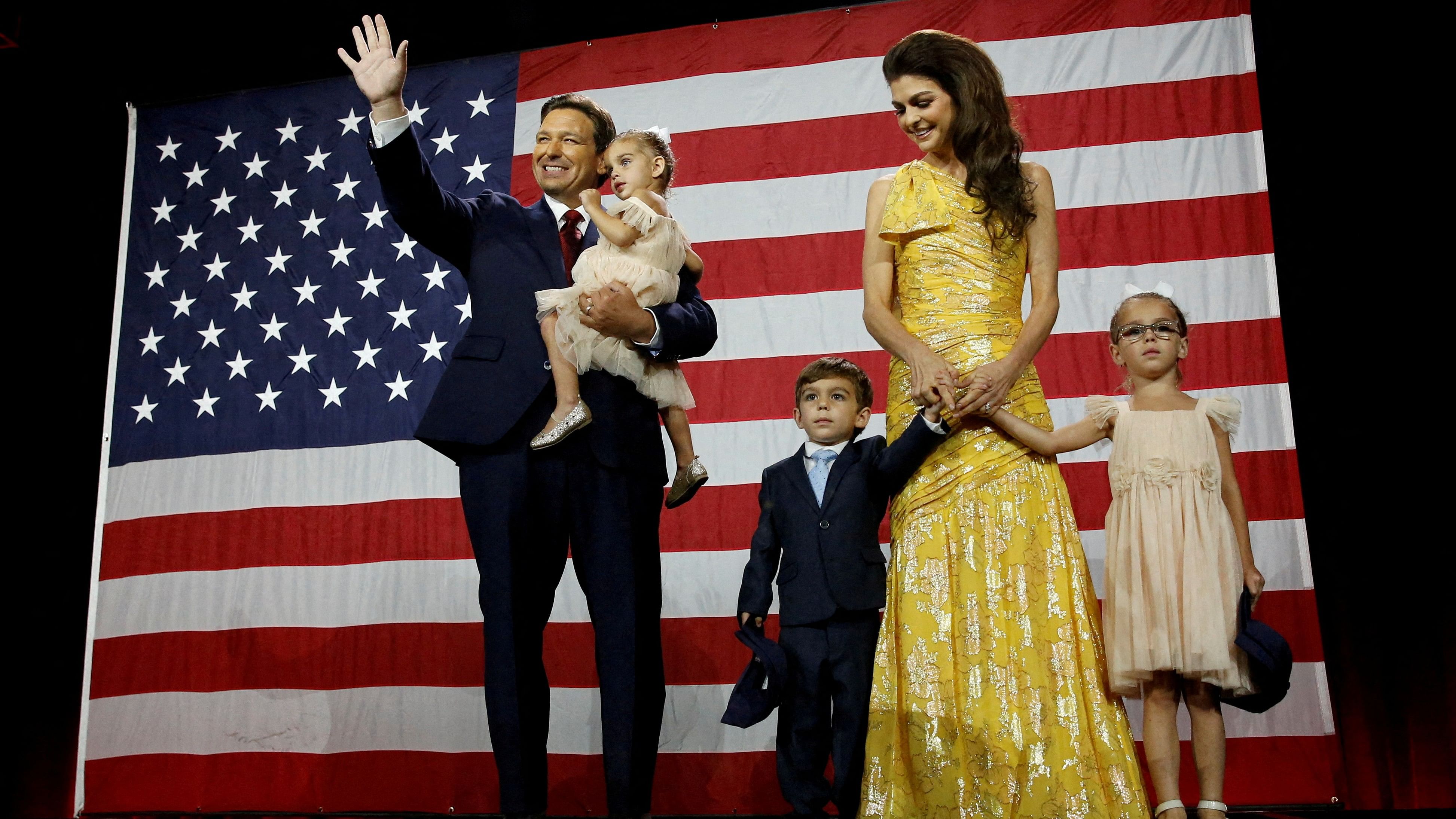 <div class="paragraphs"><p>Florida Governor Ron DeSantis waves from stage next to his wife Casey and children during his 2022 U.S. midterm elections night party in Tampa, Florida.</p></div>