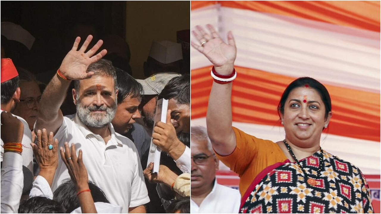 <div class="paragraphs"><p>Rahul Gandhi in Raebareli(L) and Smriti Irani in Gauriganj in Amethi.&nbsp;</p></div>