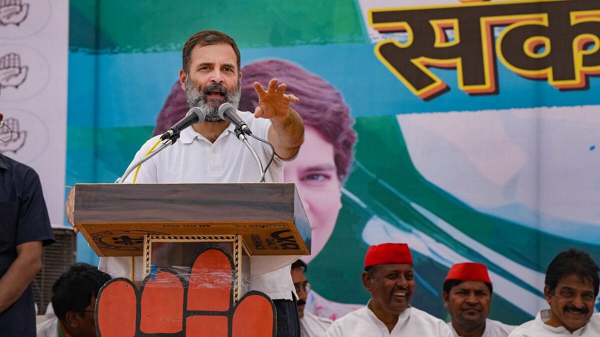 <div class="paragraphs"><p>Congress leader Rahul Gandhi addresses during a public meeting for Lok Sabha elections, in Raebareli, Monday, May 13, 2024.</p></div>