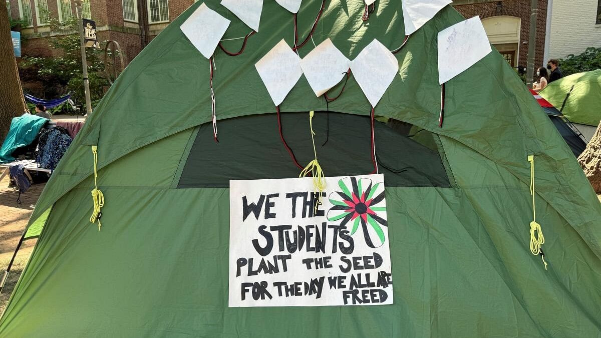 <div class="paragraphs"><p>A sign adorns a tent at a protest encampment in support of Palestinians in Gaza, as student activists join campuses across the United States in a call on their universities to divest financial ties from Israel.</p></div>