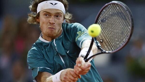 <div class="paragraphs"><p> Russia's Andrey Rublev in action during his quarter final match against Spain's Carlos Alcaraz in Madrid Open-Park Manzanares, Madrid, Spain, on May 1, 2024.</p></div>