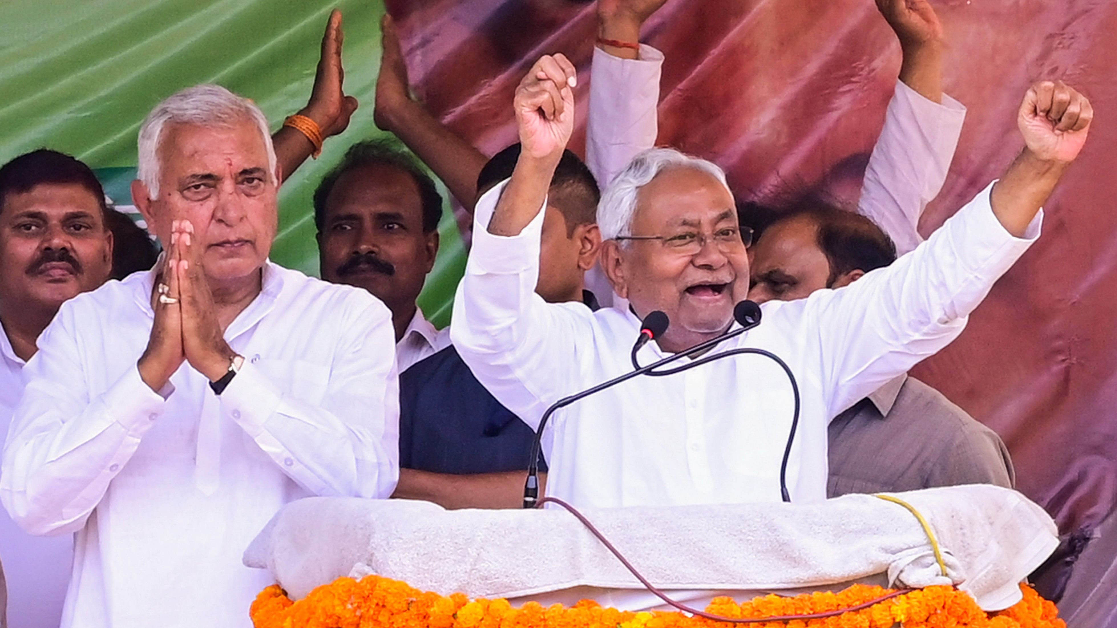 <div class="paragraphs"><p>Bihar Chief Minister Nitish Kumar addresses in support of JDU candidate Devesh Chandra Thakur during a public meeting for Lok Sabha elections, at Runni Sandpur in Sitamarhi, Saturday.</p></div>