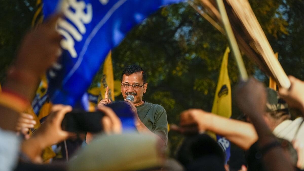 <div class="paragraphs"><p>Delhi Chief Minister Arvind Kejriwal addresses supporters outside Tihar Jail.&nbsp;</p></div>