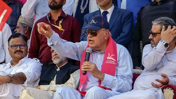 <div class="paragraphs"><p>J&amp;K National Conference Chief Farooq Abdullah addresses a rally in support of I.N.D.I.A. alliance candidate Mian Altaf, at Mendhar in Poonch, Sunday, May19, 2024.</p></div>