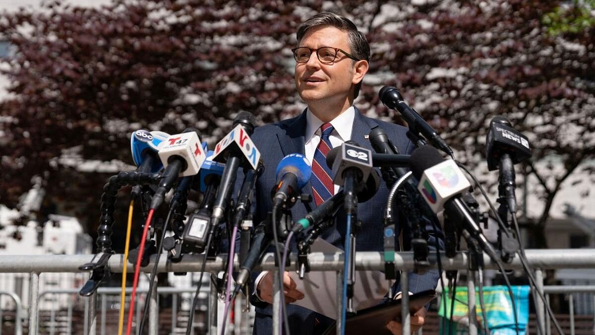 <div class="paragraphs"><p>Mike Johnson addresses a press conference after attending the trial of Donald Trump in New York.</p></div>