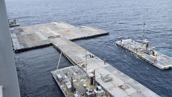 <div class="paragraphs"><p>US Army Soldiers assigned to the 7th Transportation Brigade (Expeditionary) and U.S. Navy sailors attached to the MV Roy P. Benavidez assemble the Roll-On, Roll-Off Distribution Facility (RRDF), or floating pier, to assist in the delivery of humanitarian aid to the people of Gaza, in the Mediterranean Sea April 26, 2024.</p></div>