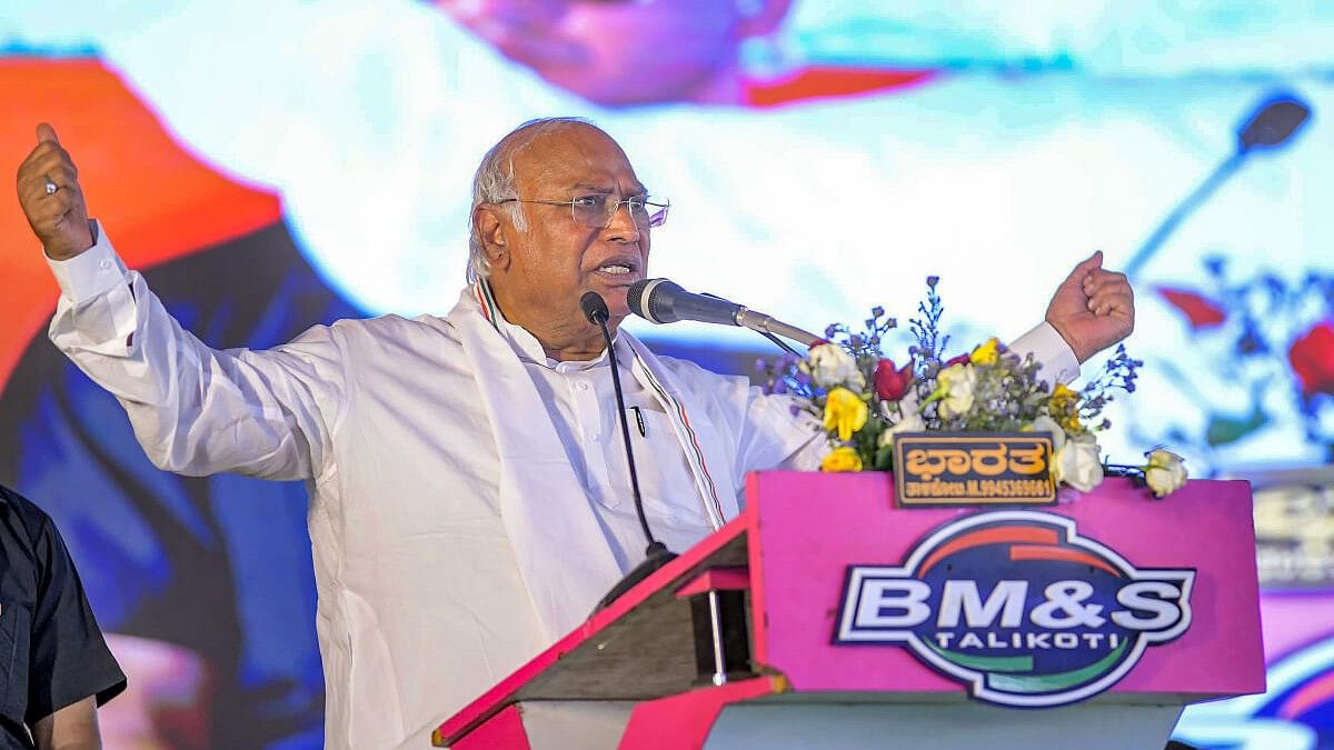 <div class="paragraphs"><p>Congress President Mallikarjun Kharge addresses a public meeting for Lok Sabha elections, in Karnataka.&nbsp;</p></div>