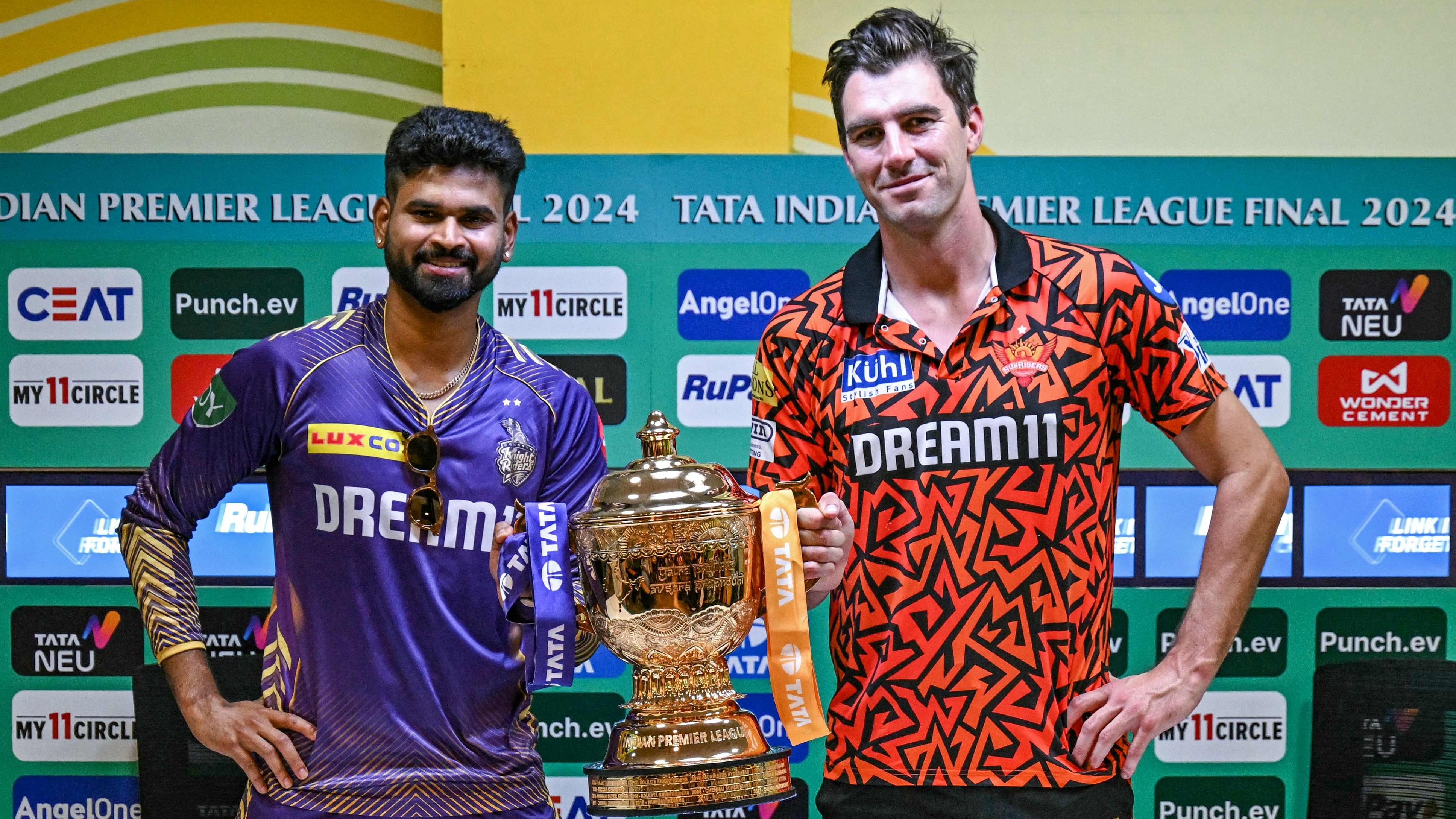 <div class="paragraphs"><p>Kolkata Knight Riders' captain Shreyas Iyer and his Sunrisers Hyderabad's counterpart Pat Cummins (R) pose with the Indian Premier League's trophy.</p></div>